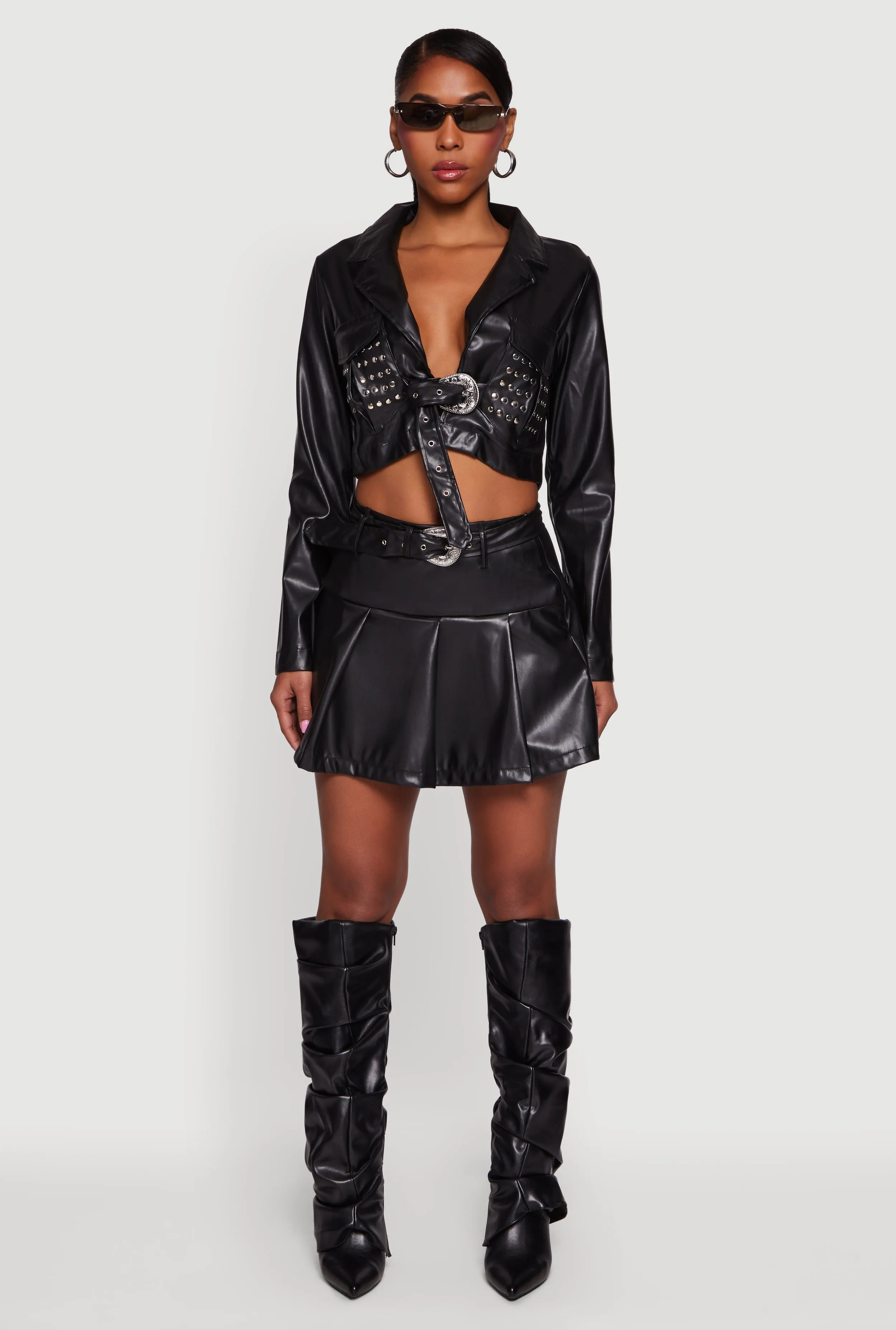 Cropped Faux Leather Belted Front Studded Jacket sold by Rainbow product image thumbnail 3