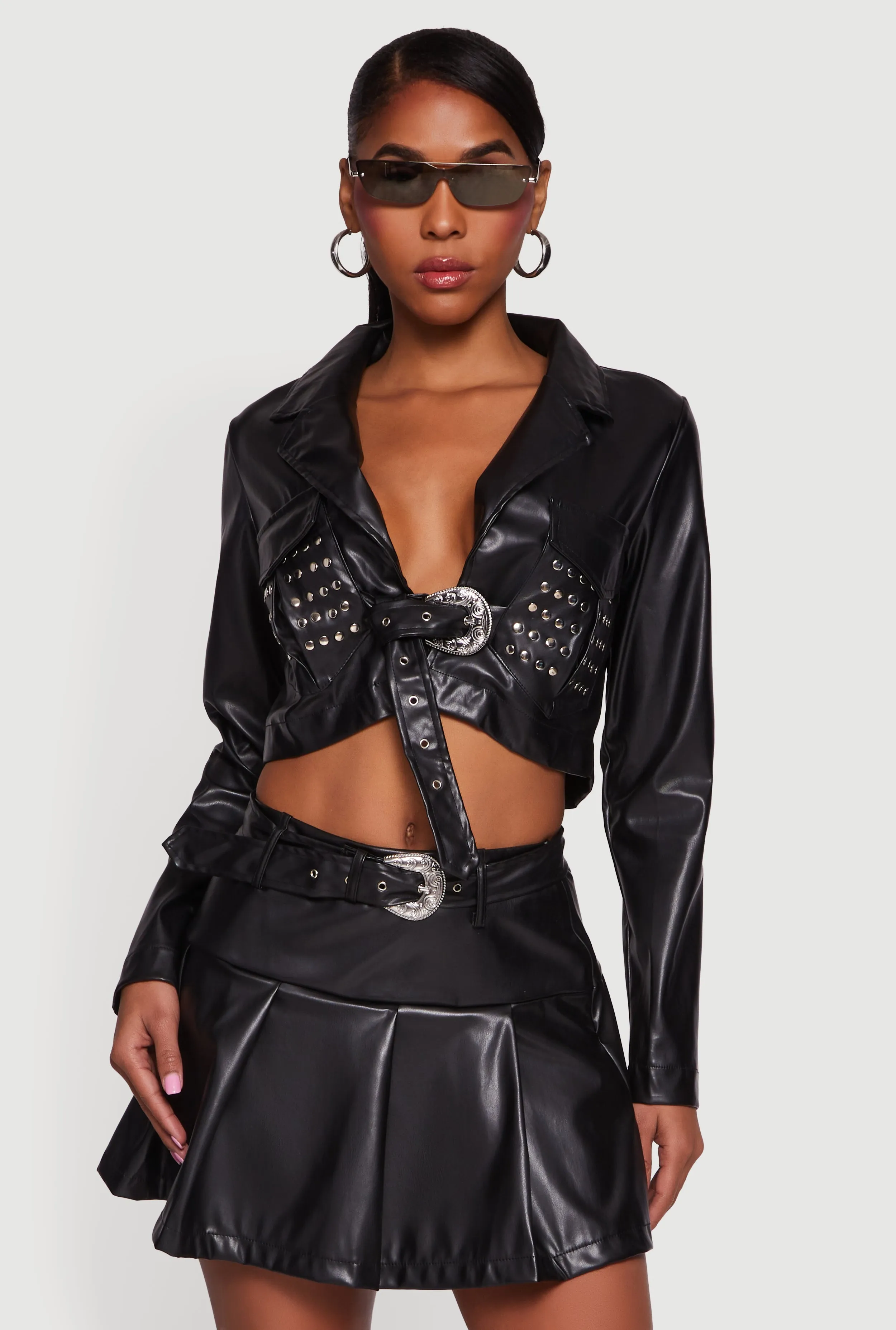 Cropped Faux Leather Belted Front Studded Jacket sold by Rainbow