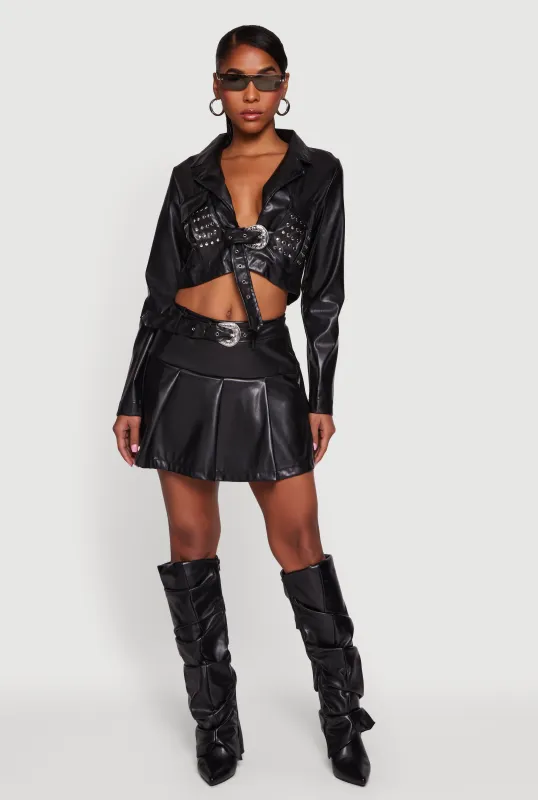 Belted Faux Leather Drop Waist Pleated Skirt sold by Rainbow