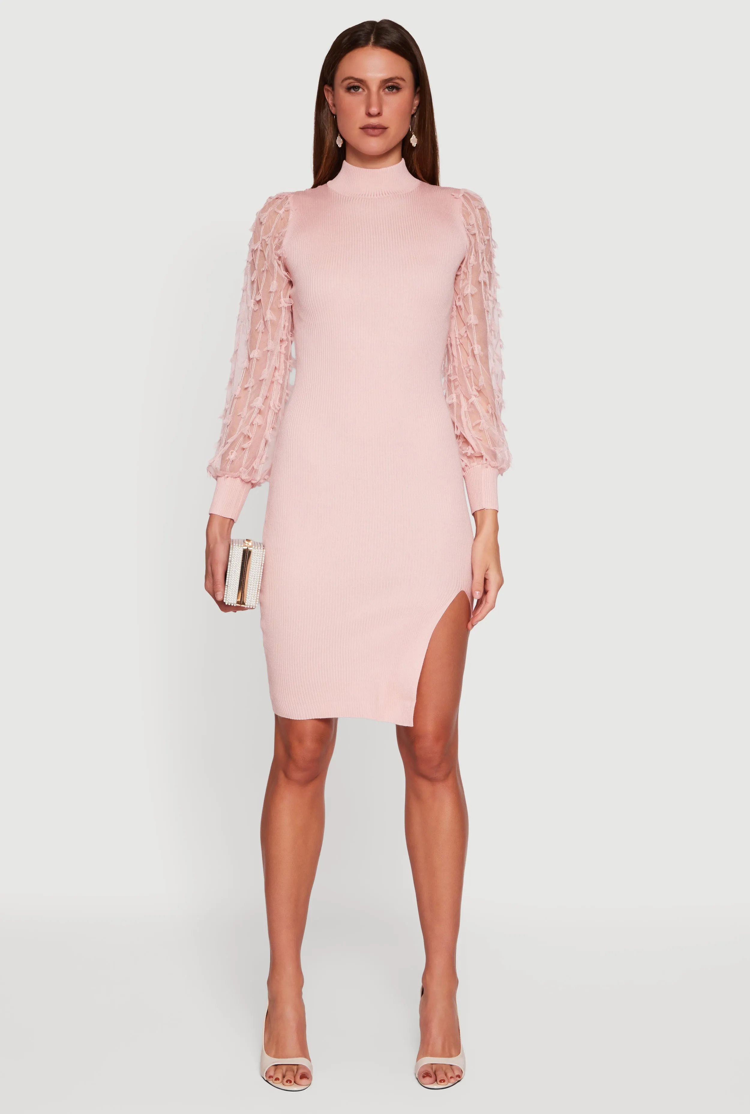 3D Bow Bubble Sleeve Mock Neck Side Slit Sweater Dress sold by Rainbow product image thumbnail 2