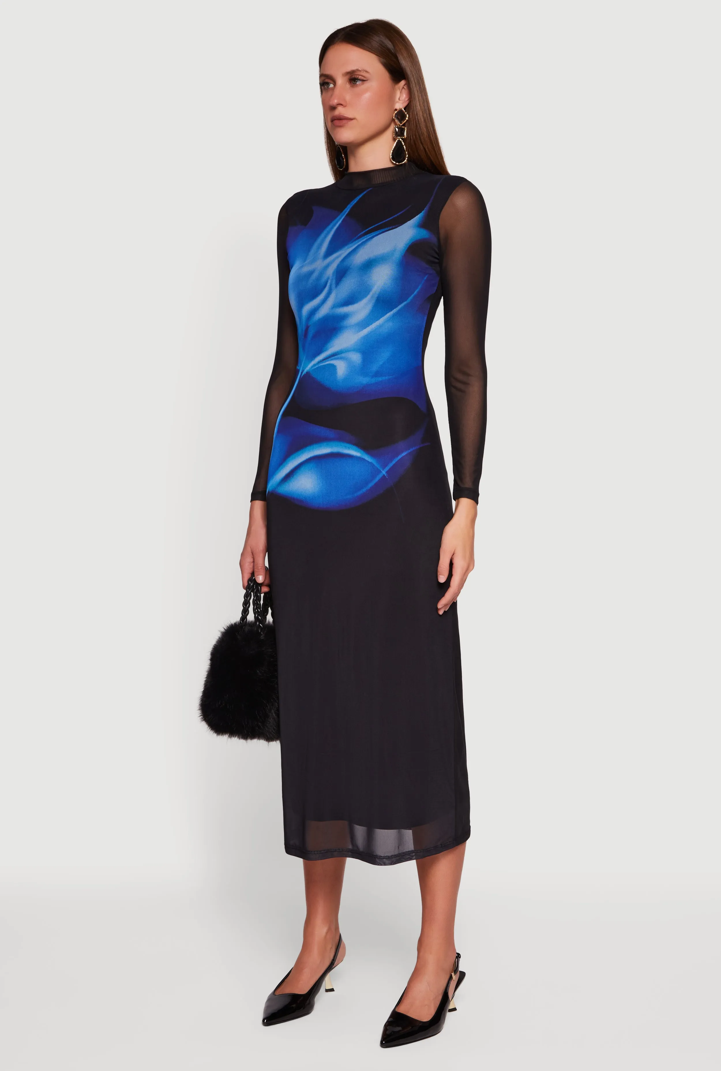 Almost Famous Floral Mesh Long Sleeve Mock Neck Maxi Dress sold by Rainbow product image thumbnail 3