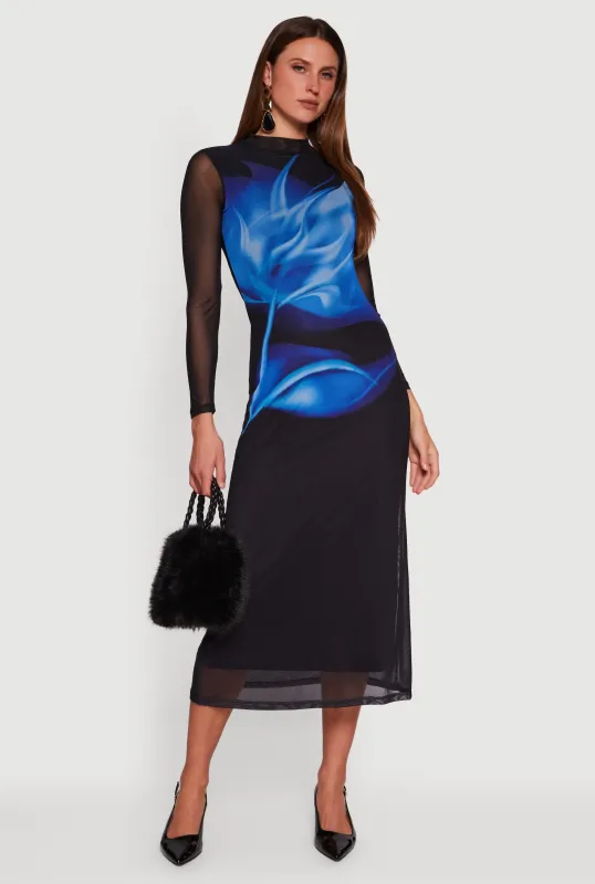 Almost Famous Floral Mesh Long Sleeve Mock Neck Maxi Dress sold by Rainbow