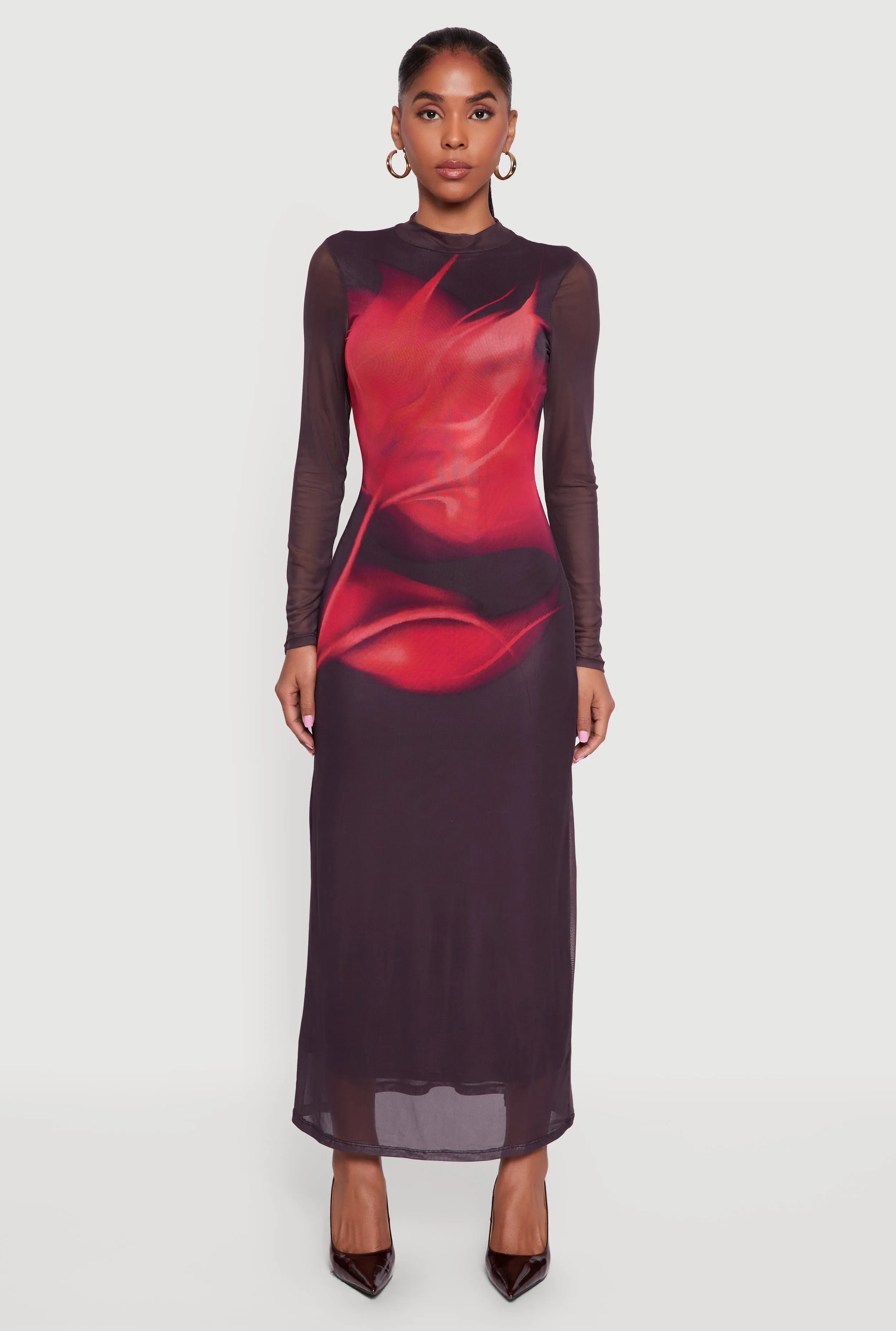 Almost Famous Floral Mesh Long Sleeve Mock Neck Maxi Dress sold by Rainbow product image thumbnail 2
