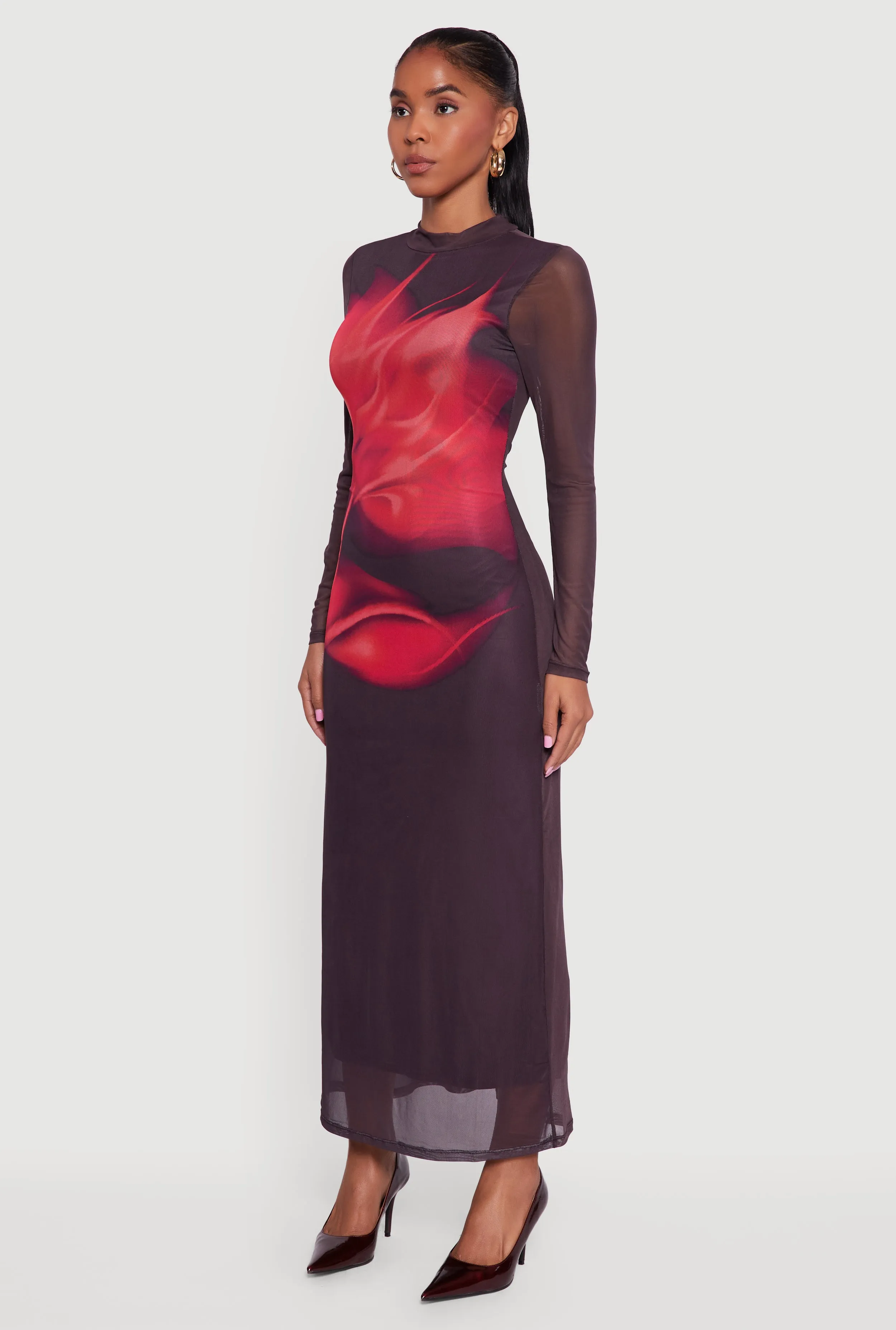 Almost Famous Floral Mesh Long Sleeve Mock Neck Maxi Dress sold by Rainbow product image thumbnail 3