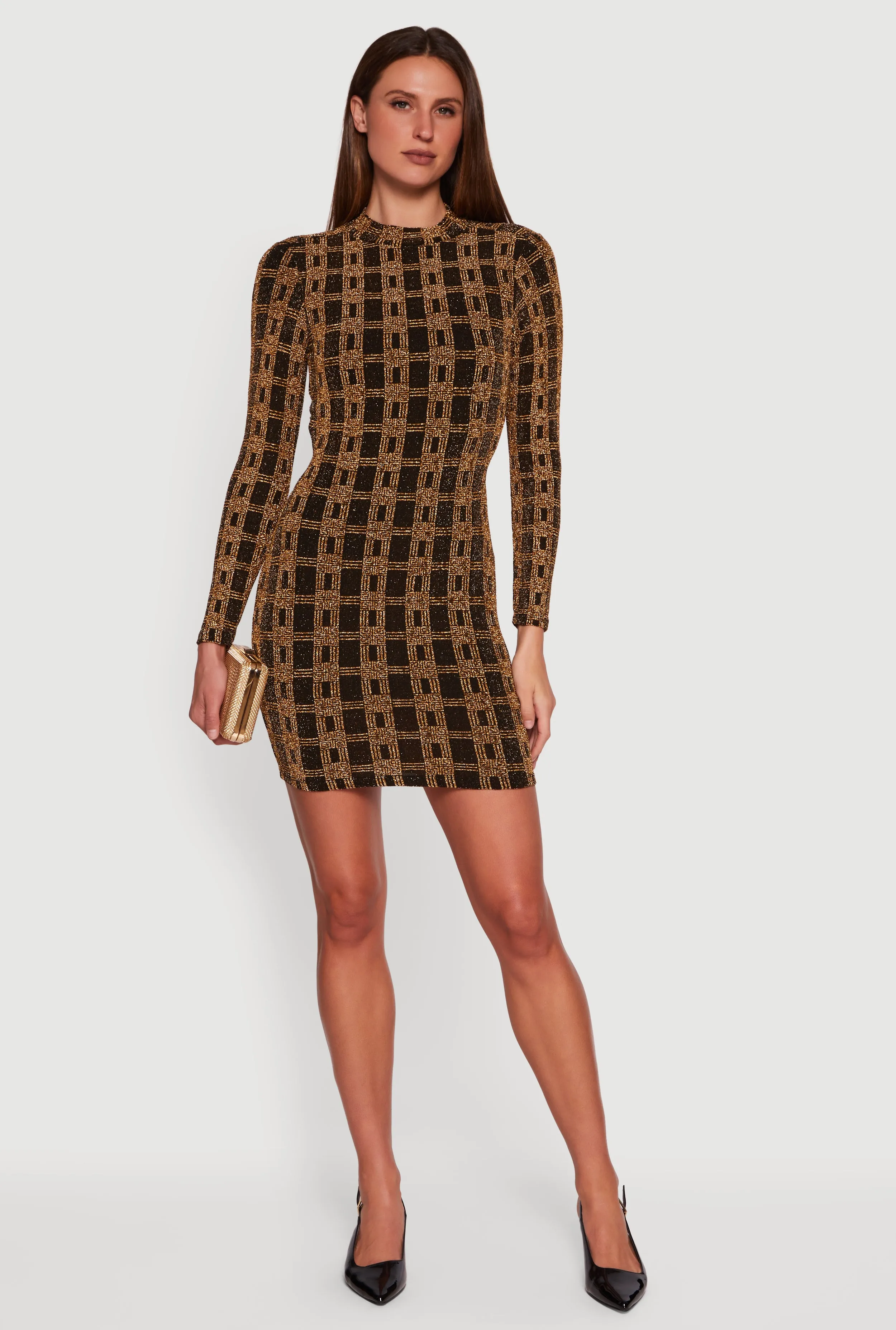 Geometric Lurex Long Sleeve Open Tie Back Mini Dress sold by Rainbow