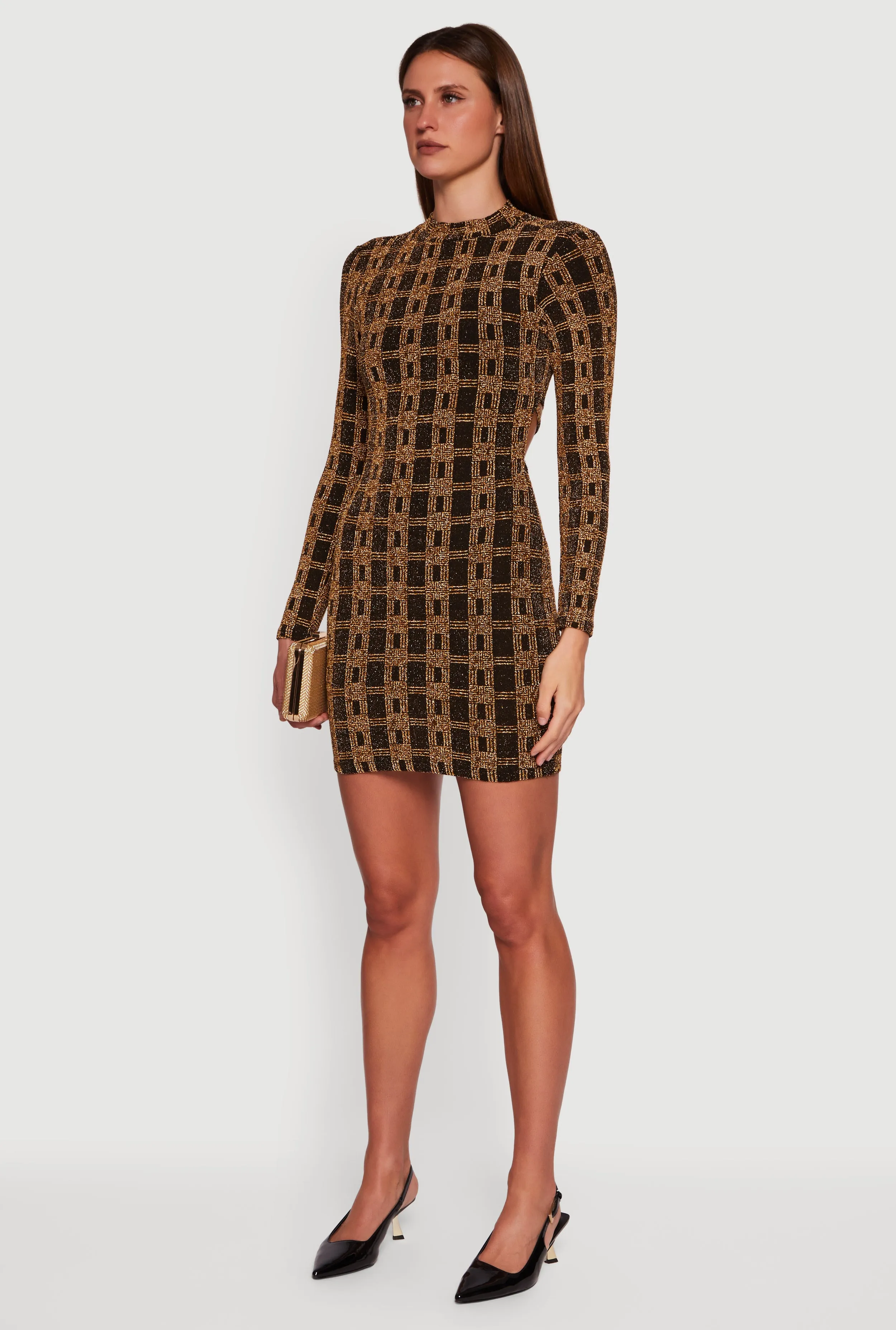 Geometric Lurex Long Sleeve Open Tie Back Mini Dress sold by Rainbow product image thumbnail 3