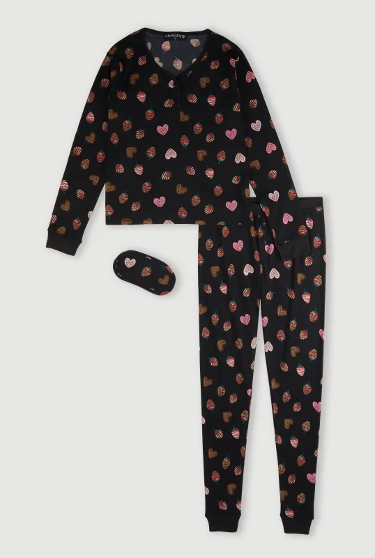Strawberry Heart Print Waffle Knit Thermal Pajama Gift Set sold by Rainbow