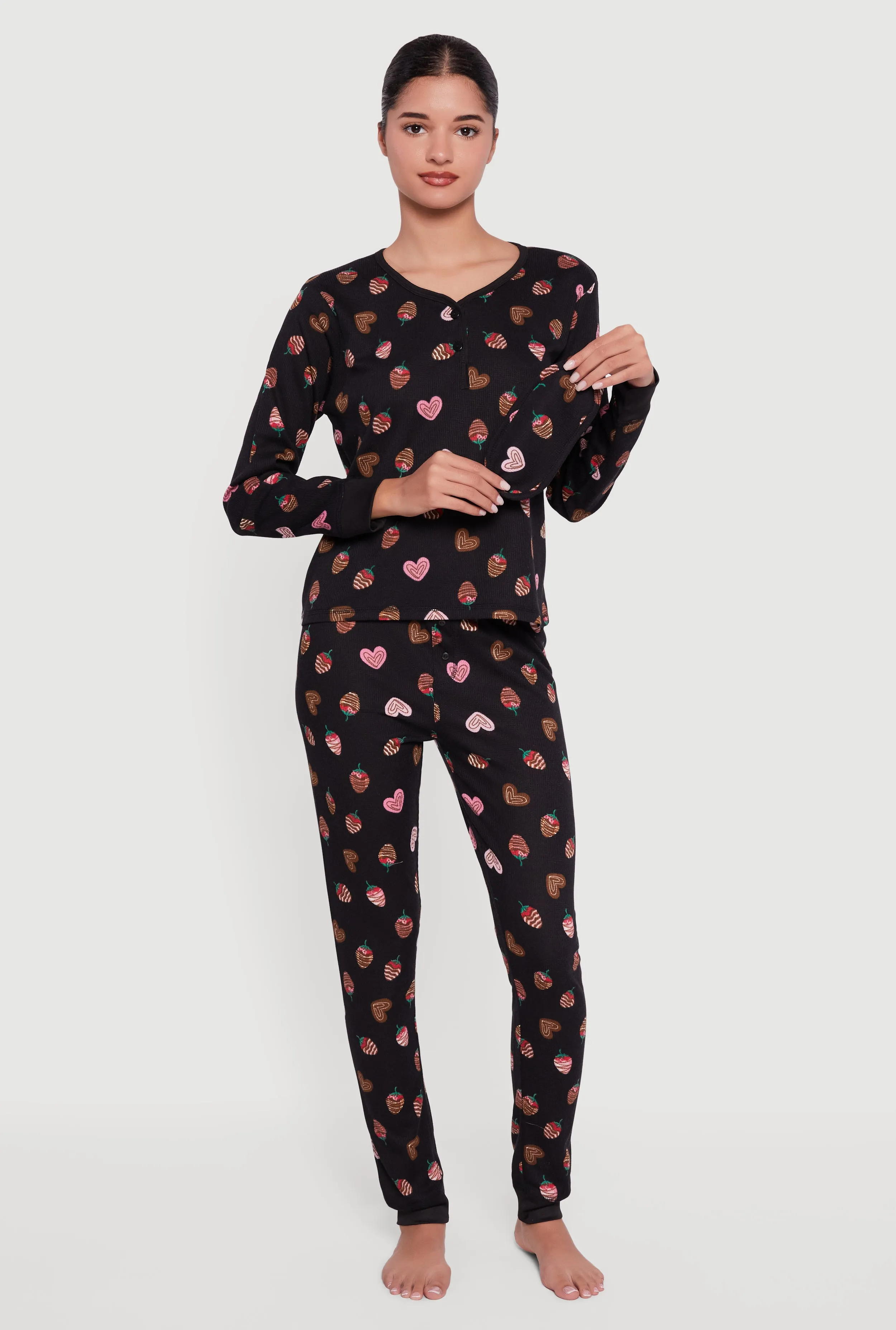 Strawberry Heart Print Waffle Knit Thermal Pajama Gift Set sold by Rainbow product image thumbnail 2