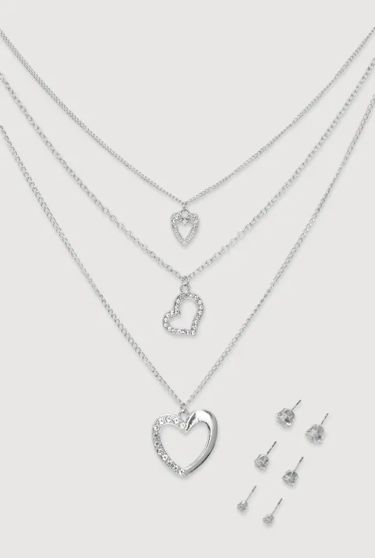 Cubic Zirconia Layered Heart Necklace and Stud Earrings Set of 4 sold by Rainbow