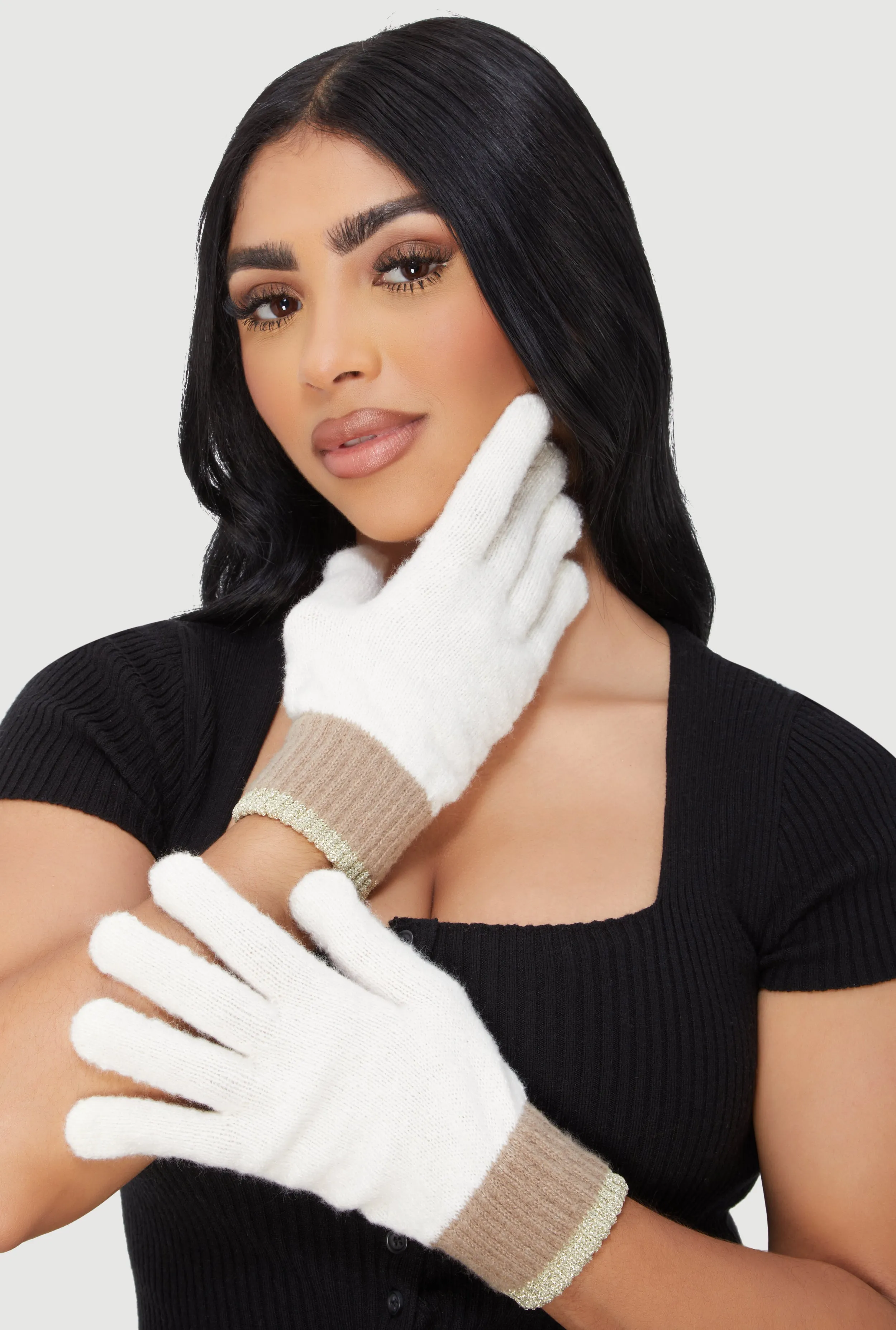 Color Blocked Lurex Trim Brushed Knit Gloves sold by Rainbow product image thumbnail 2
