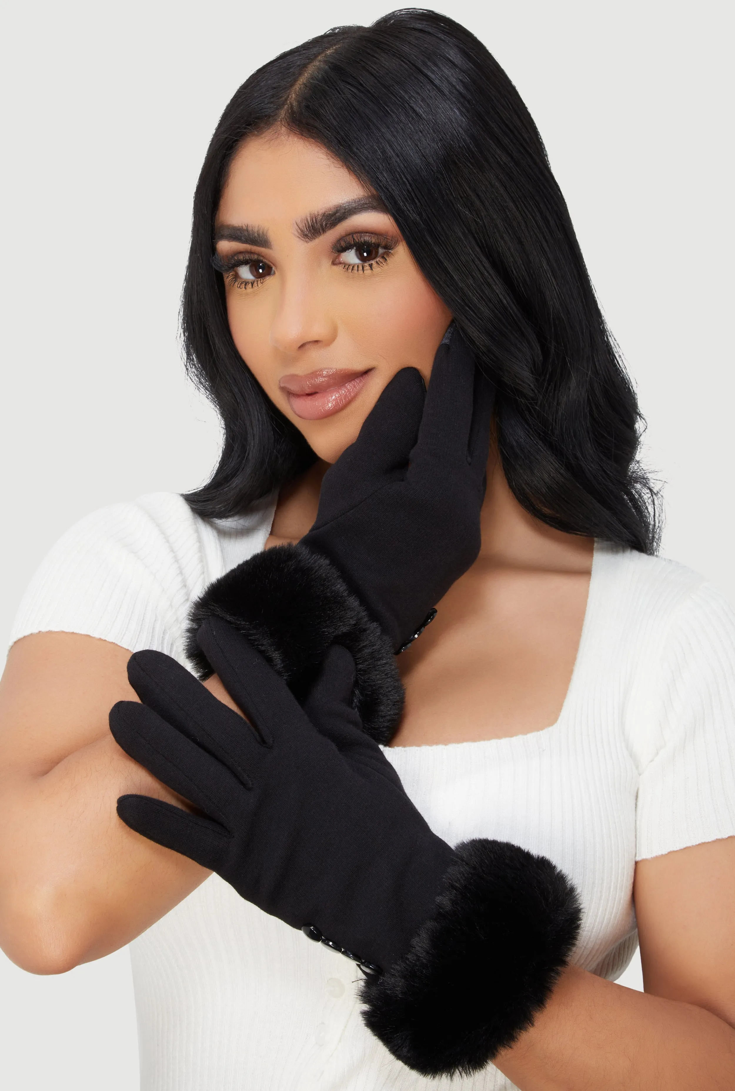 Faux Fur Trim Button Detail Texting Gloves sold by Rainbow product image thumbnail 2