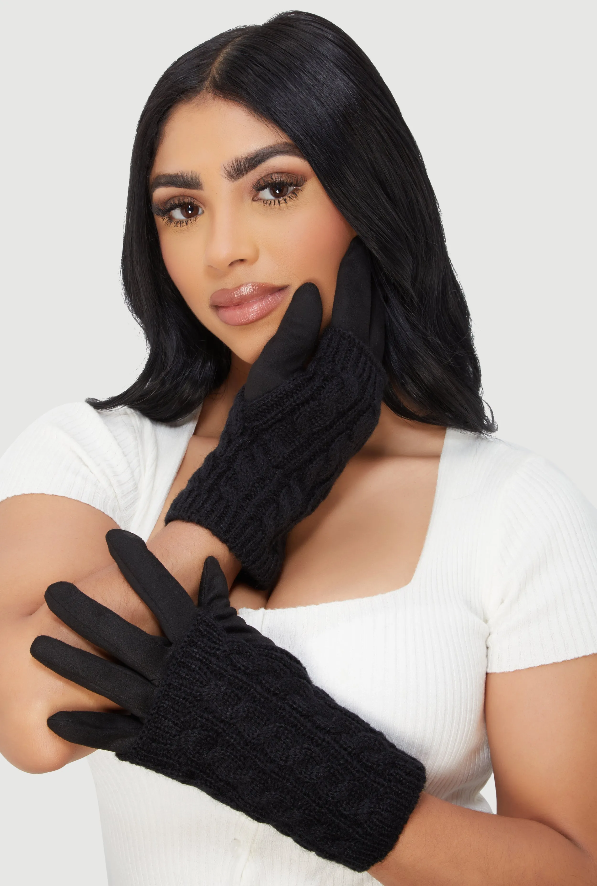 Faux Suede Texting Gloves with Cable Knit Hand Warmers sold by Rainbow product image thumbnail 2