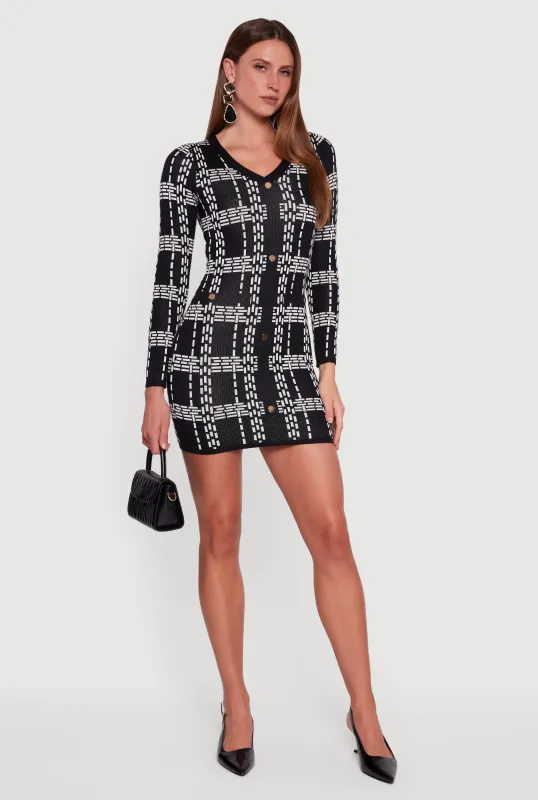 Patterned V-Neck Long Sleeve Mini Sweater Dress sold by Rainbow