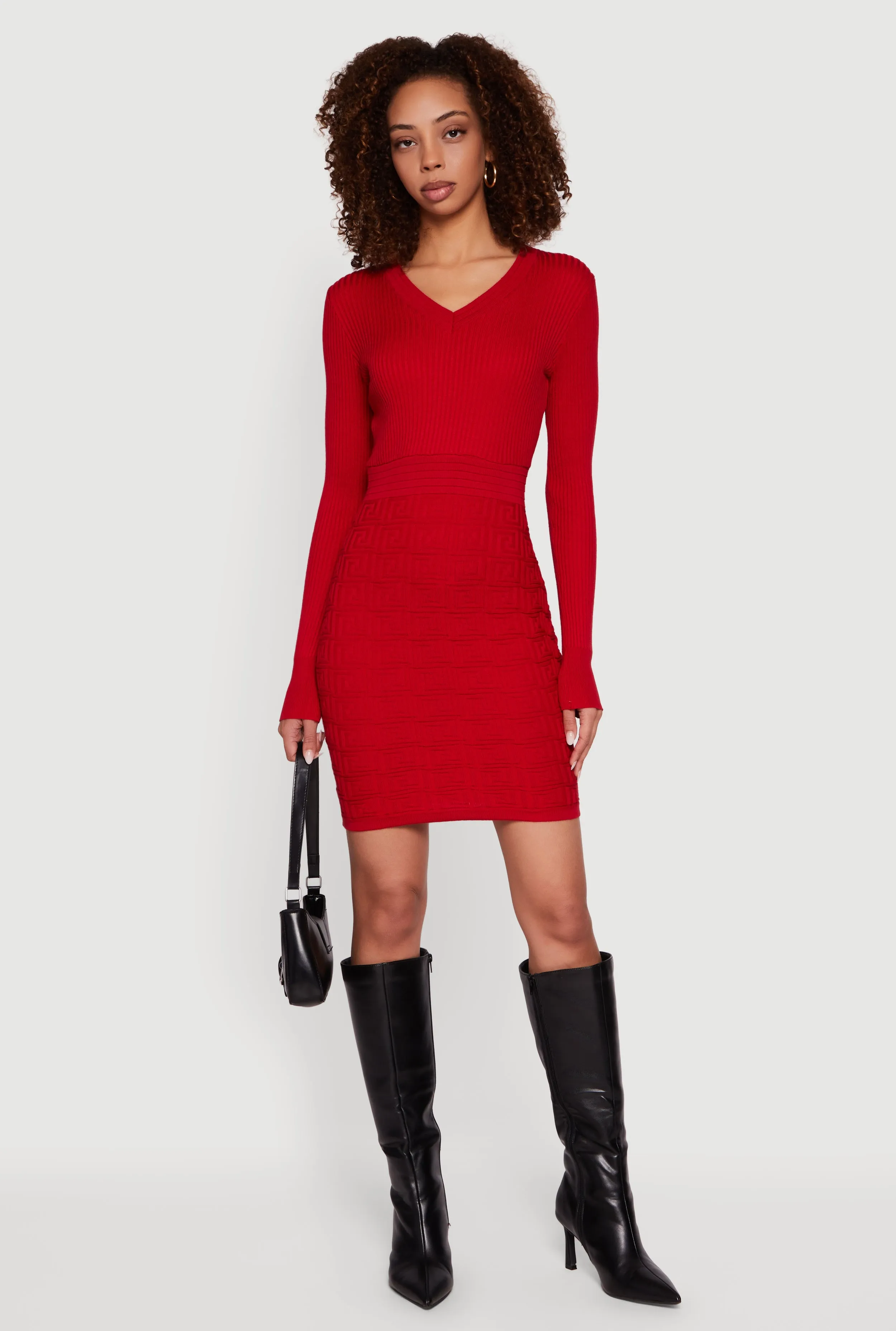 Greek Key Rib Knit Long Sleeve V-Neck Sweater Dress sold by Rainbow product image thumbnail 3