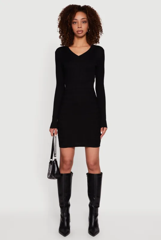 Greek Key Rib Knit Long Sleeve V-Neck Sweater Dress sold by Rainbow