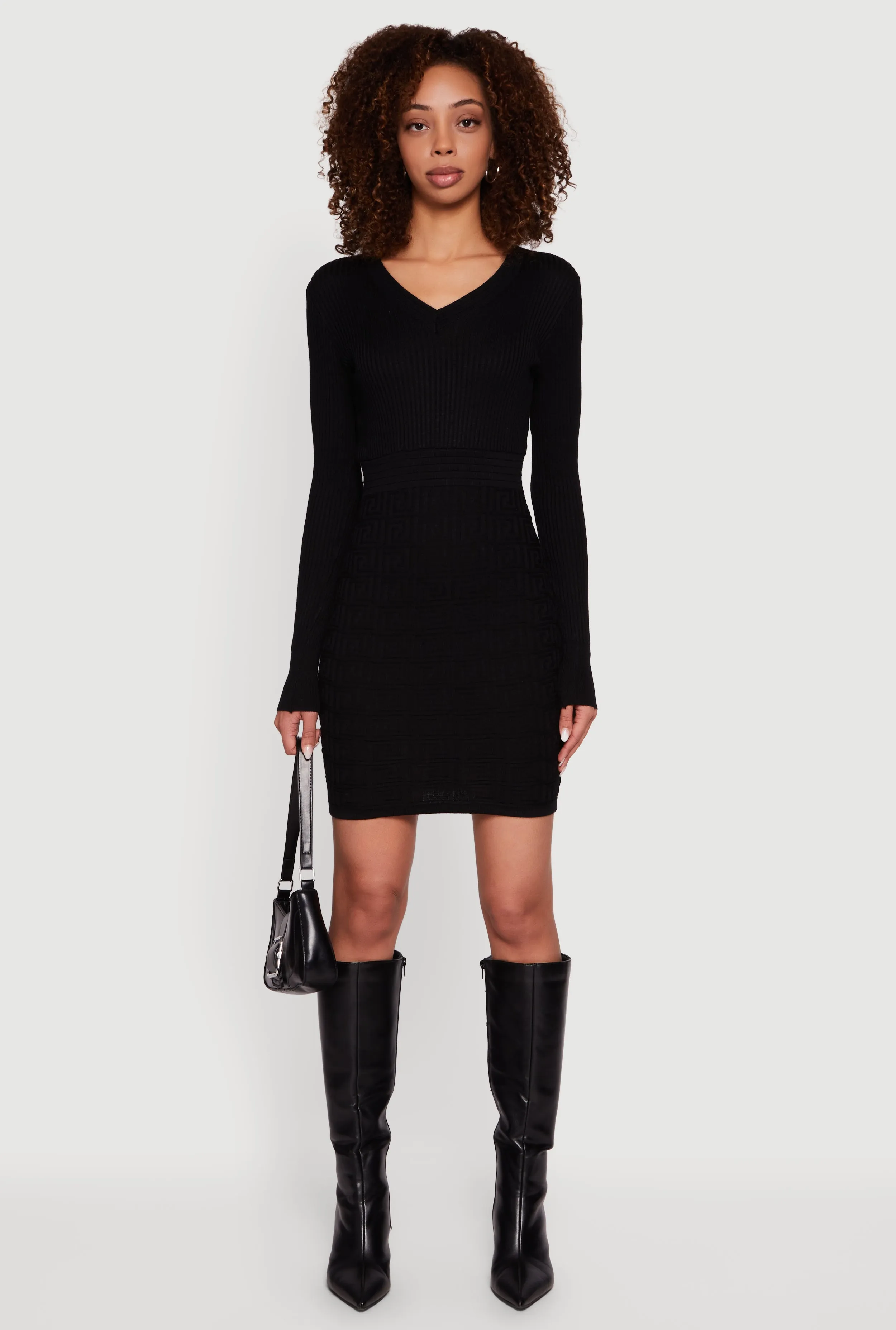 Greek Key Rib Knit Long Sleeve V-Neck Sweater Dress sold by Rainbow