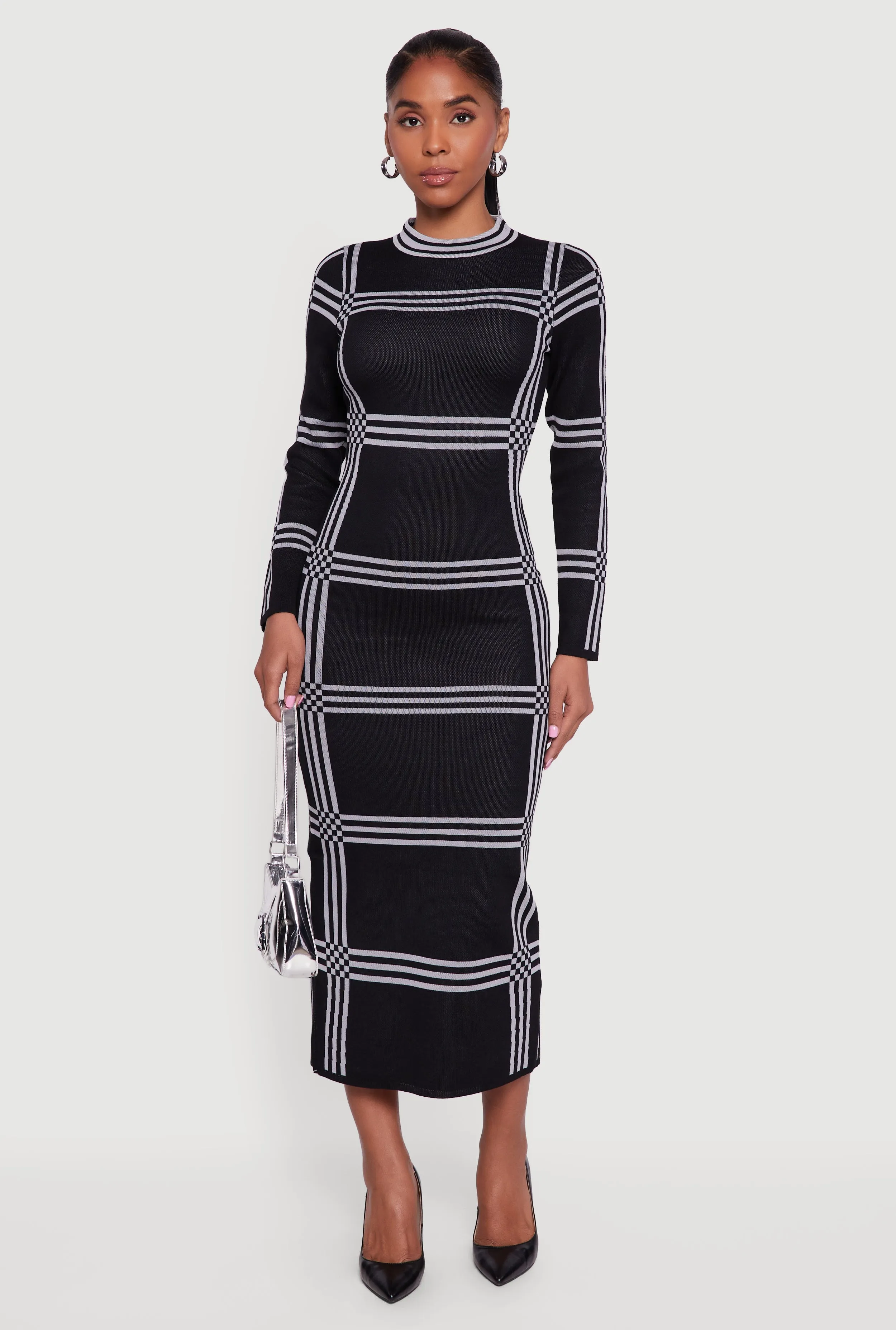 Long Sleeve Windowpane Plaid Back Slit Sweater Dress sold by Rainbow product image thumbnail 2