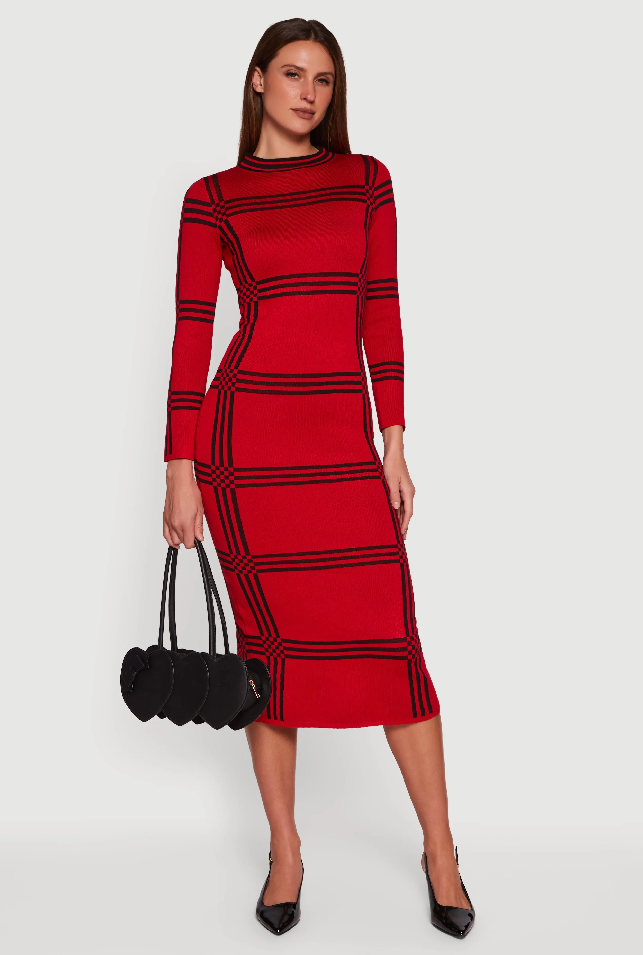Long Sleeve Windowpane Plaid Back Slit Sweater Dress sold by Rainbow product image thumbnail 4