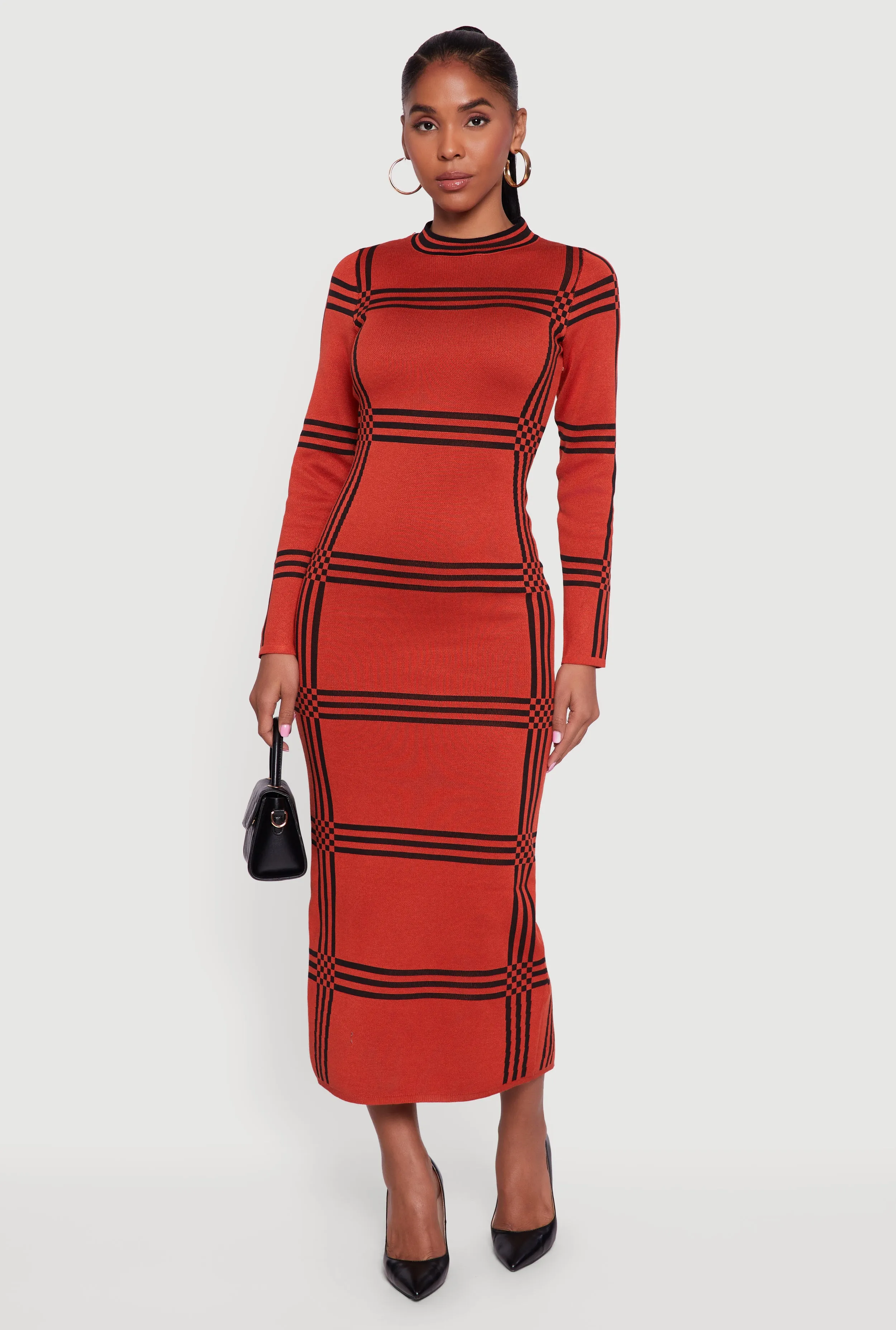 Long Sleeve Windowpane Plaid Back Slit Sweater Dress sold by Rainbow product image thumbnail 3
