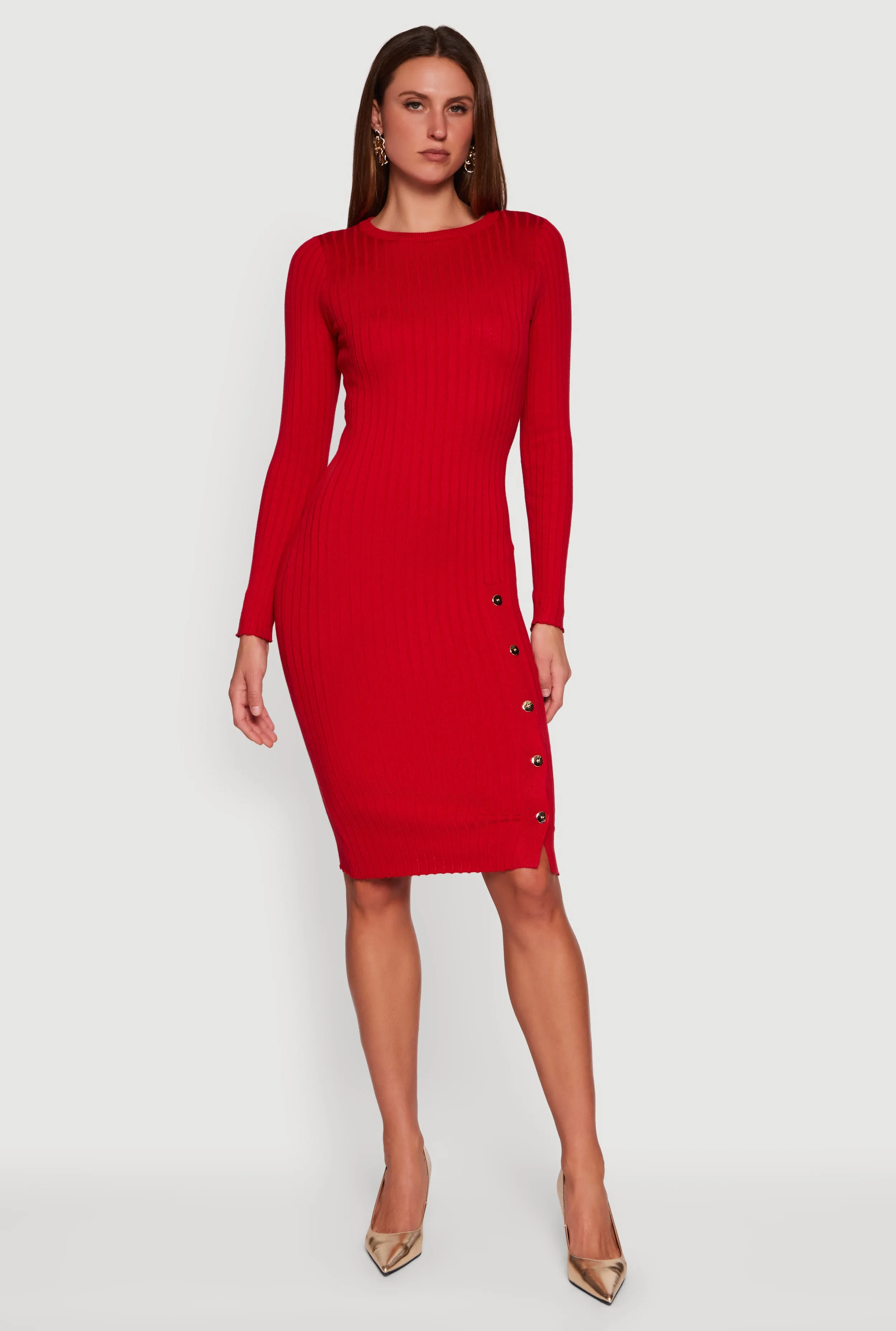 Ribbed Knit Midi Sweater Dress with Side Buttons sold by Rainbow product image thumbnail 2