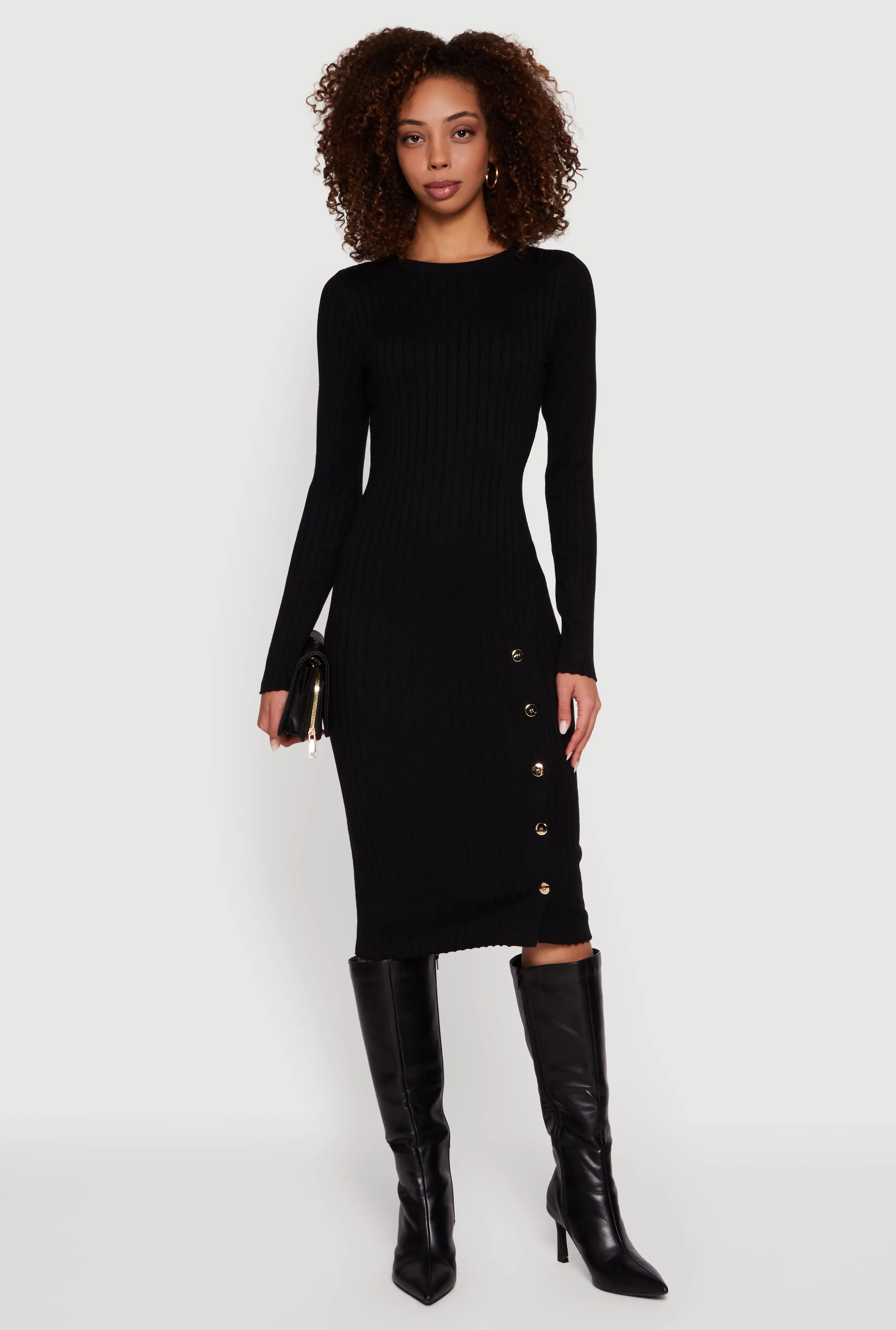 Ribbed Knit Midi Sweater Dress with Side Buttons sold by Rainbow product image thumbnail 2
