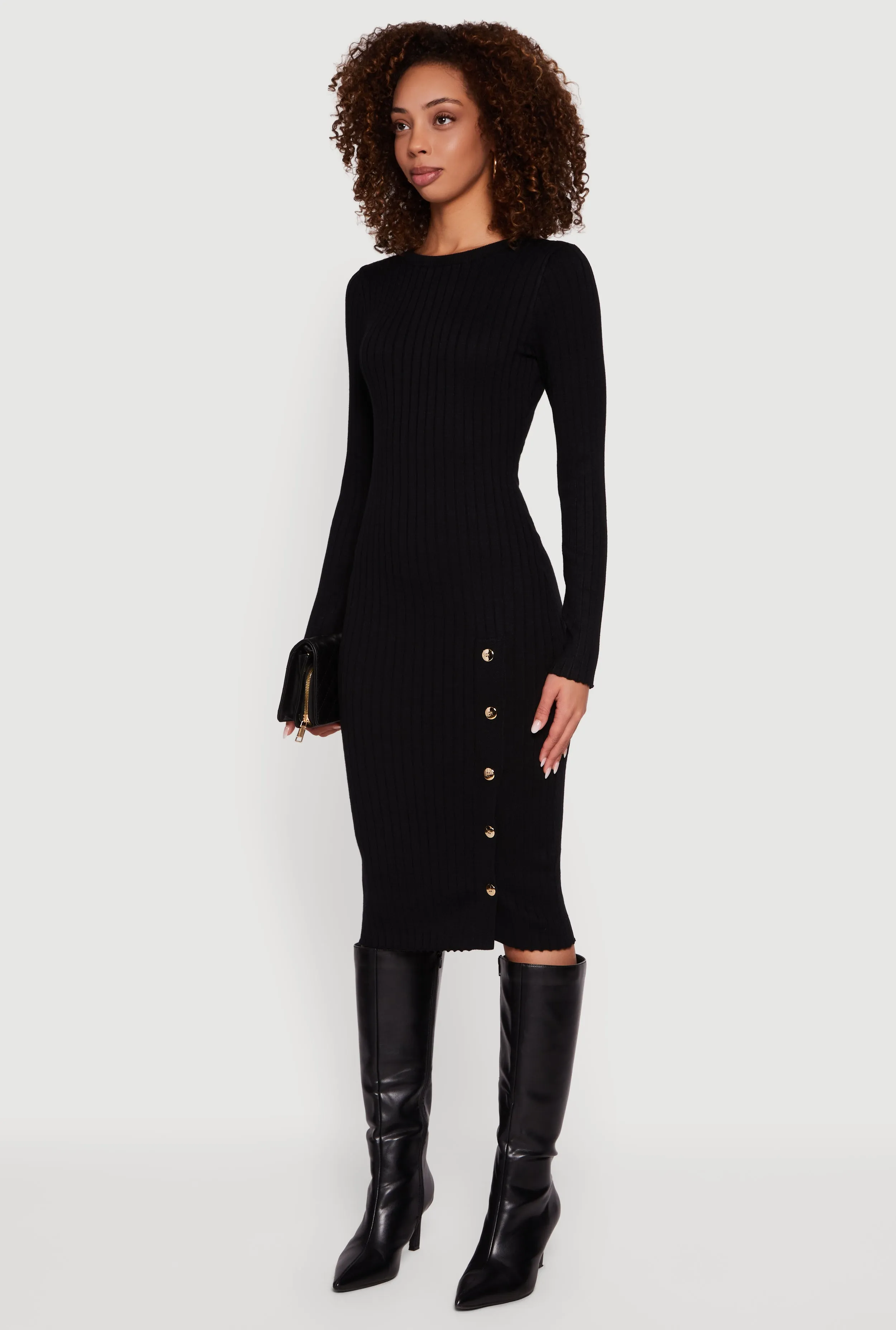 Ribbed Knit Midi Sweater Dress with Side Buttons sold by Rainbow product image thumbnail 3