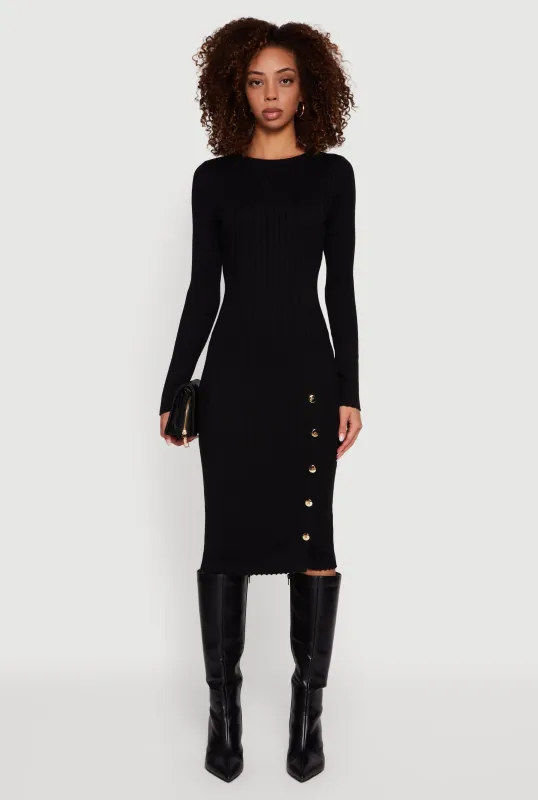 Ribbed Knit Midi Sweater Dress with Side Buttons sold by Rainbow