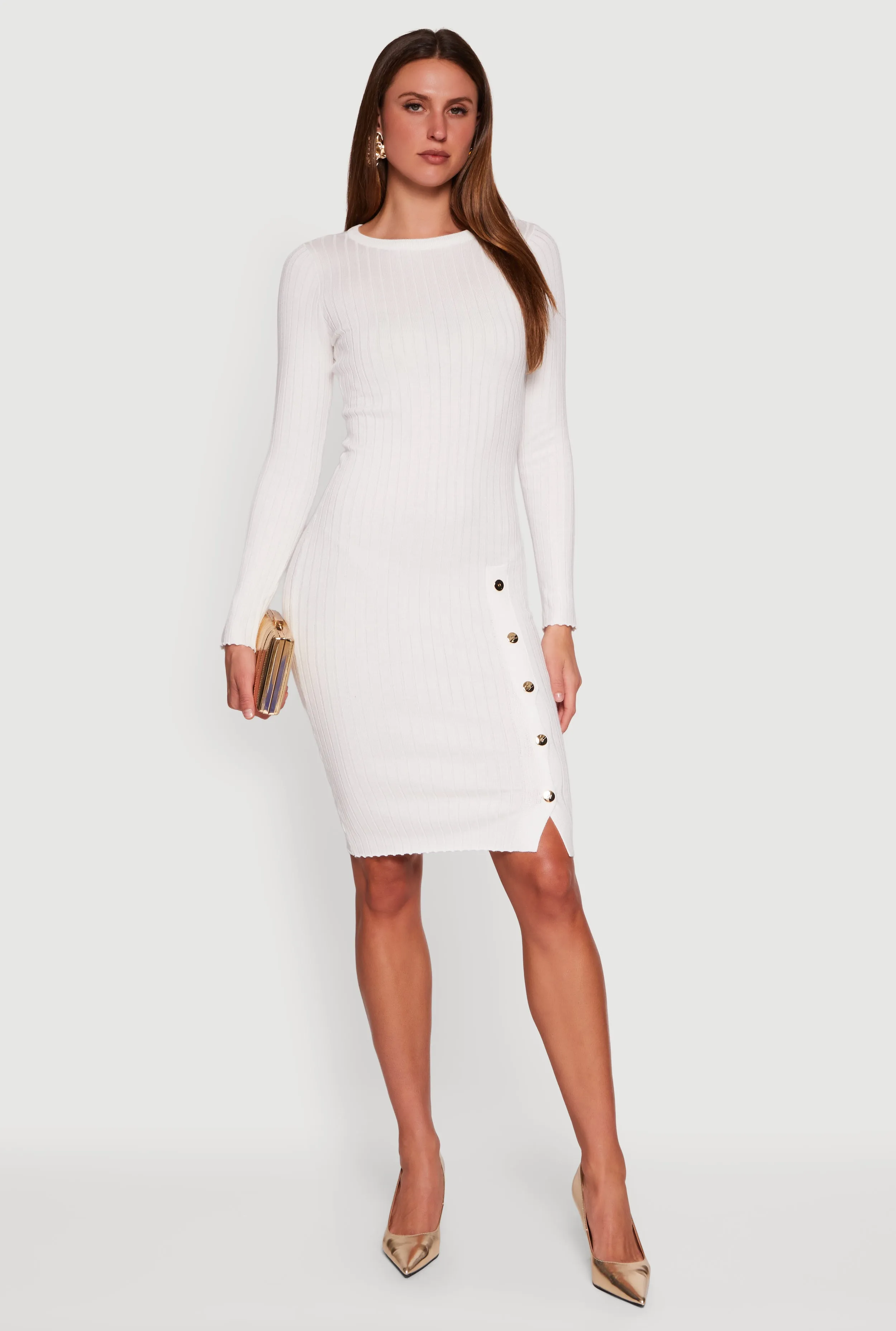 Ribbed Knit Midi Sweater Dress with Side Buttons sold by Rainbow