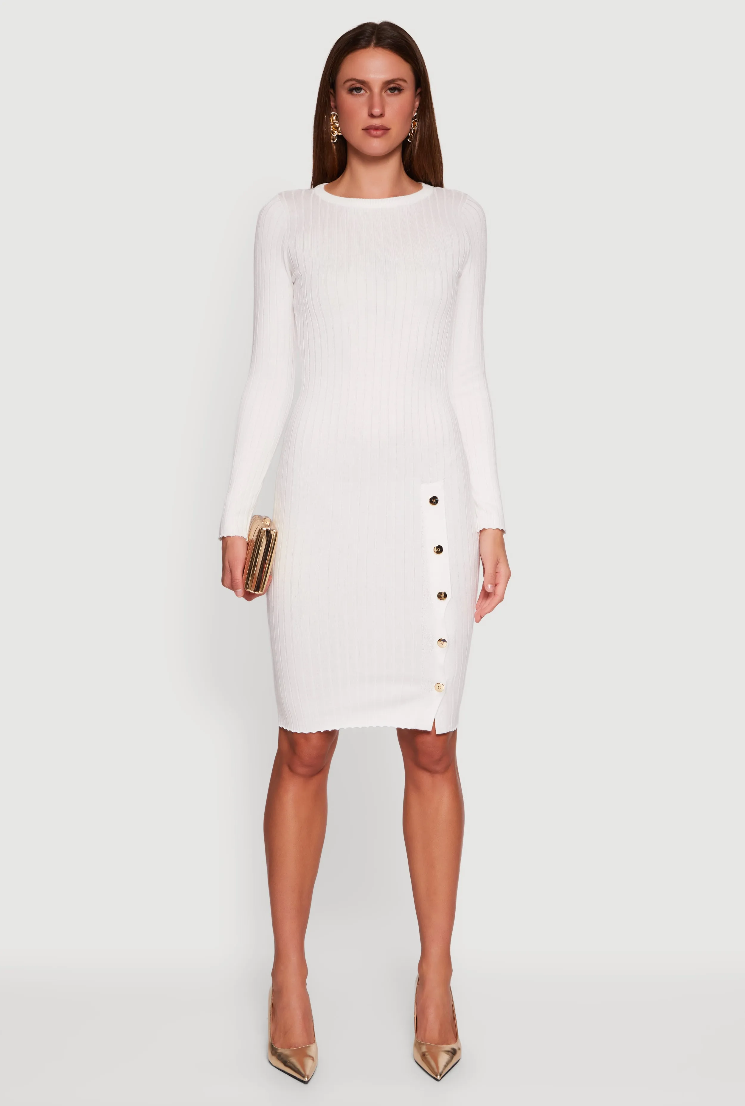 Ribbed Knit Midi Sweater Dress with Side Buttons sold by Rainbow product image thumbnail 2