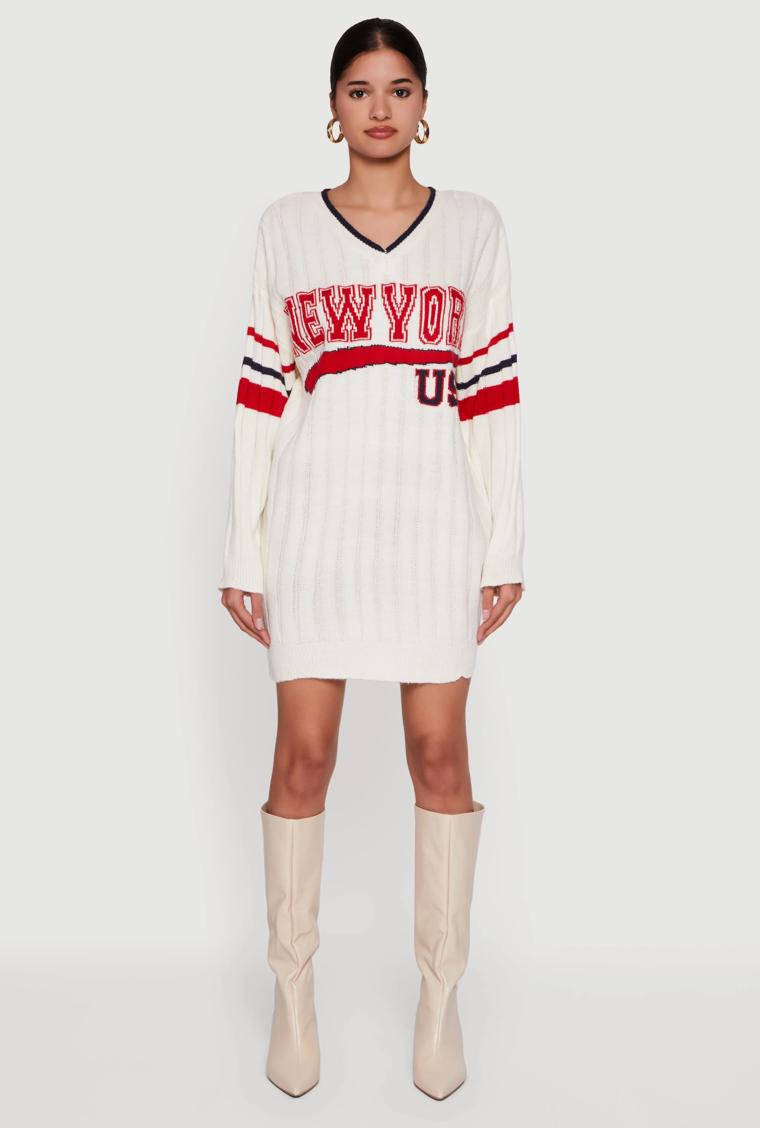 New York USA Graphic Long Sleeve Sweater Dress sold by Rainbow