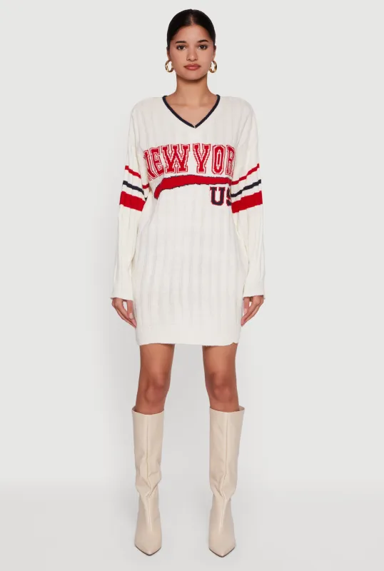 New York USA Graphic Long Sleeve Sweater Dress sold by Rainbow