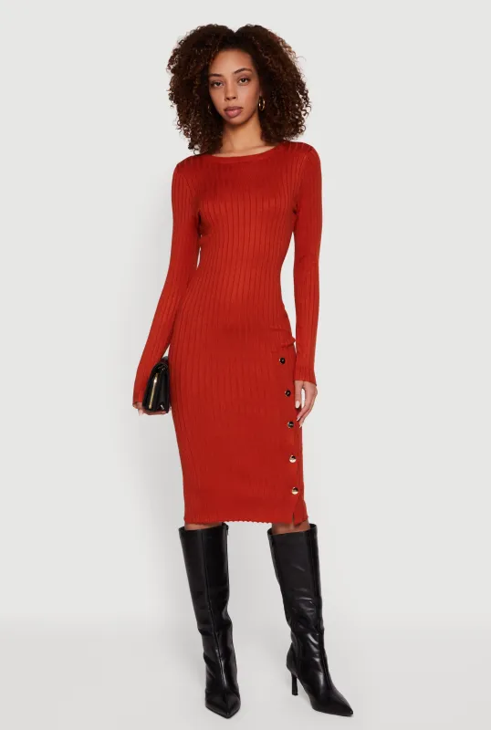 Ribbed Knit Midi Sweater Dress with Side Buttons sold by Rainbow