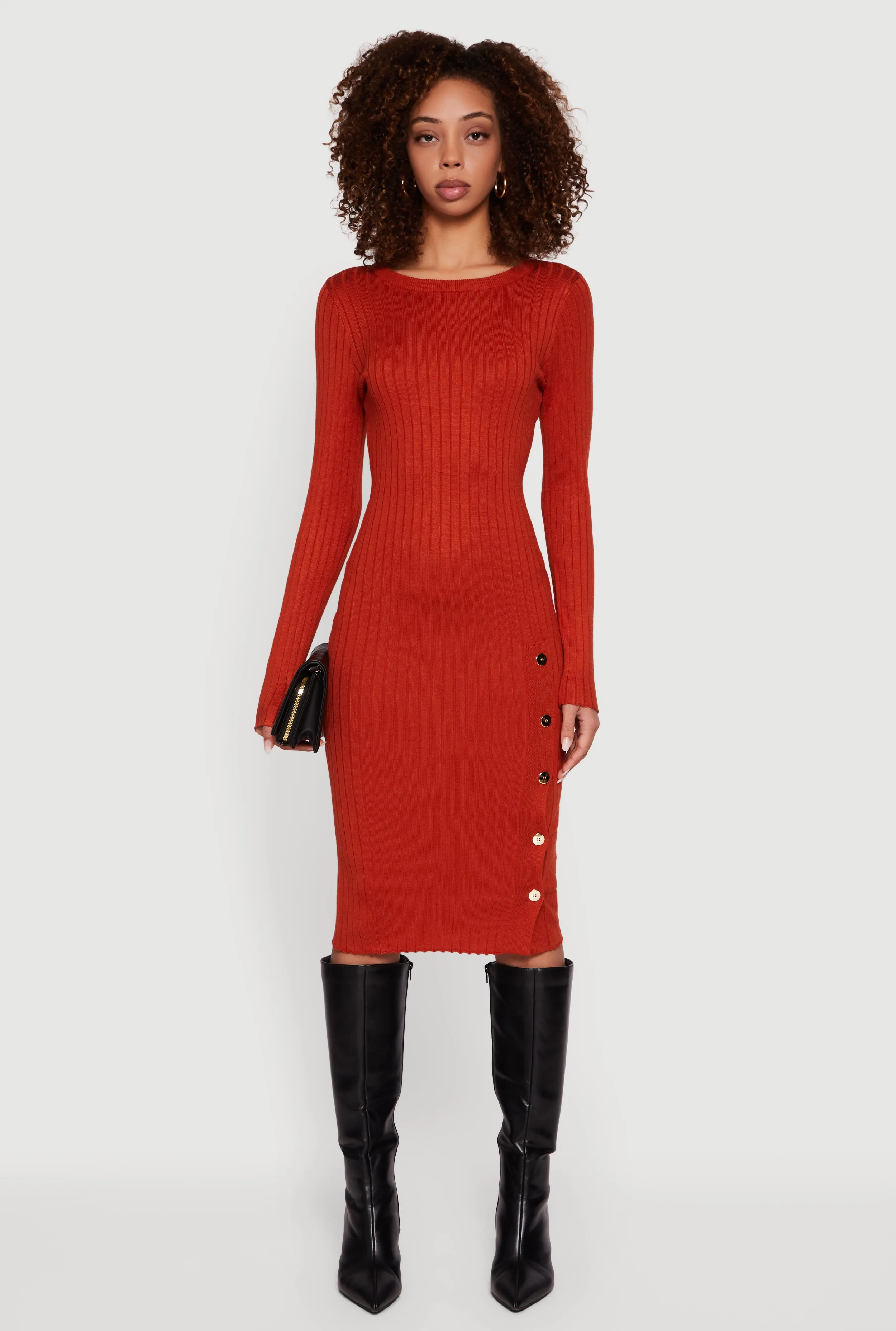 Ribbed Knit Midi Sweater Dress with Side Buttons sold by Rainbow product image thumbnail 2