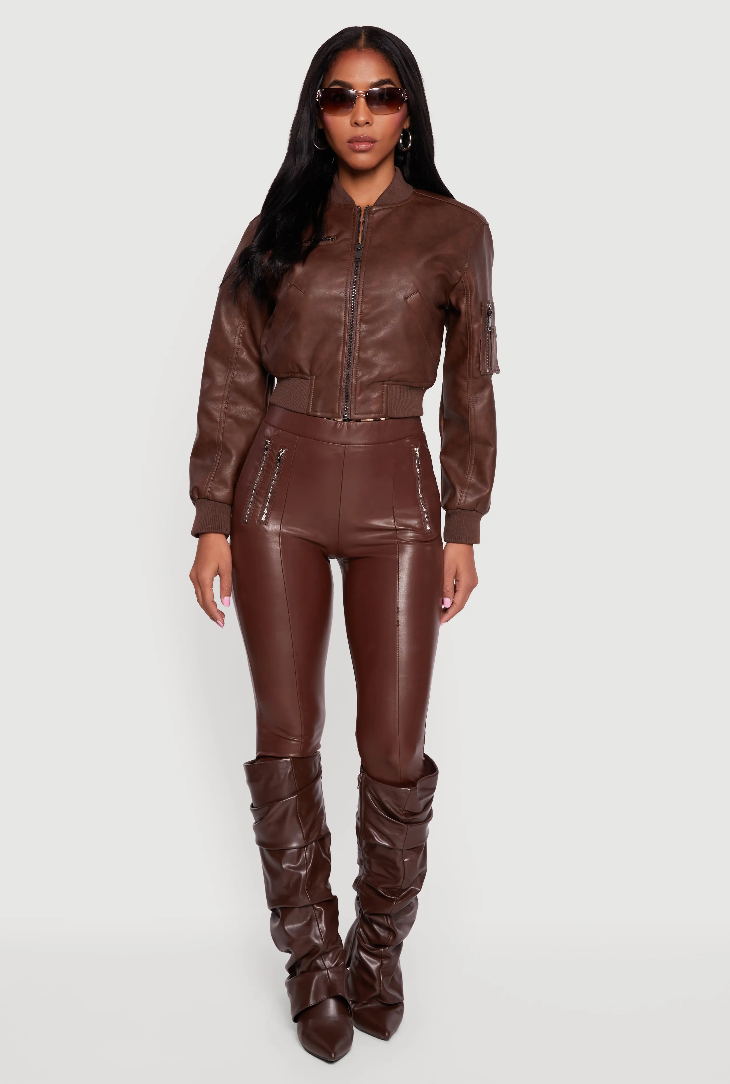 Faux Leather Bomber Jacket with Zip Pockets sold by Rainbow