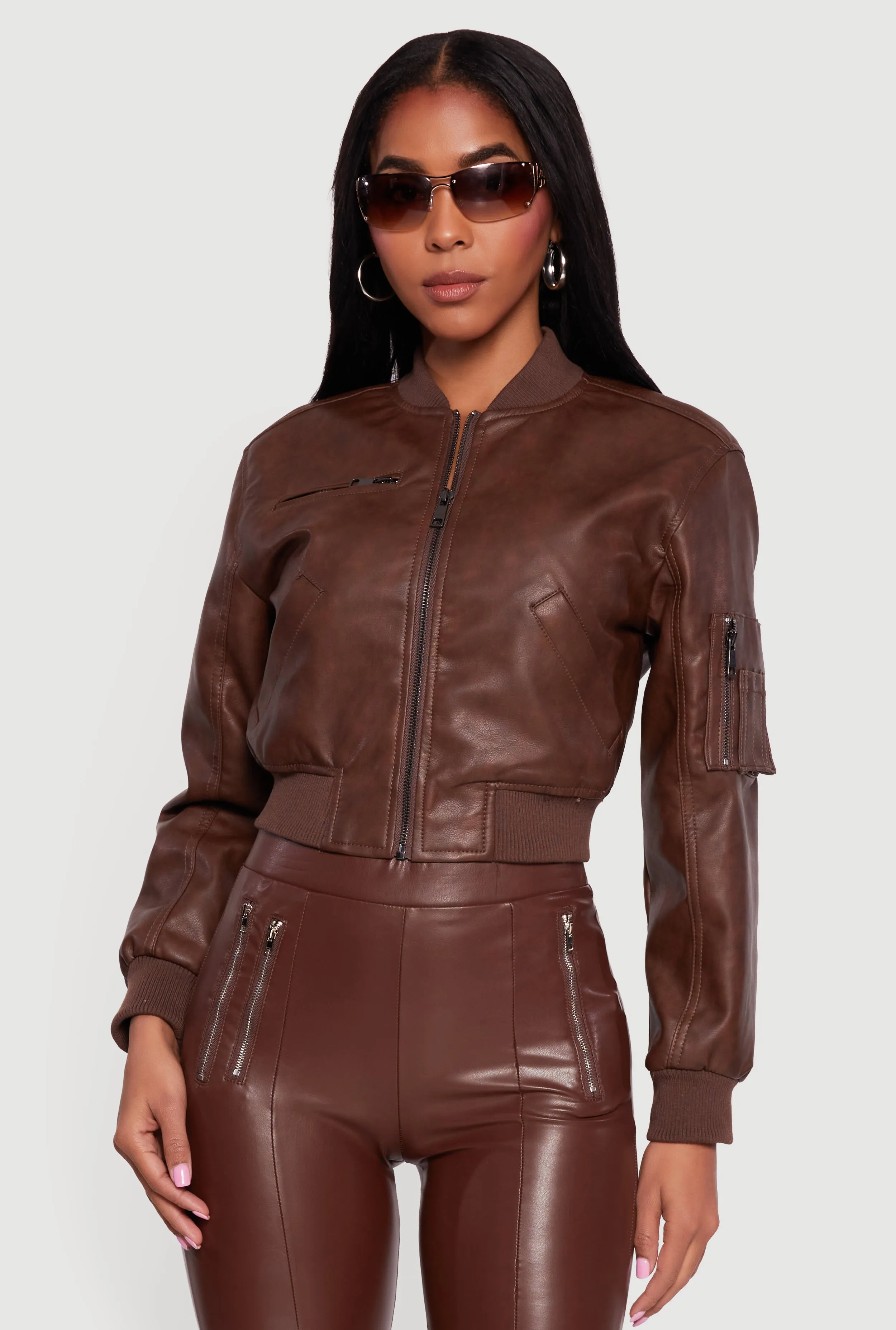 Faux Leather Bomber Jacket with Zip Pockets sold by Rainbow product image thumbnail 2