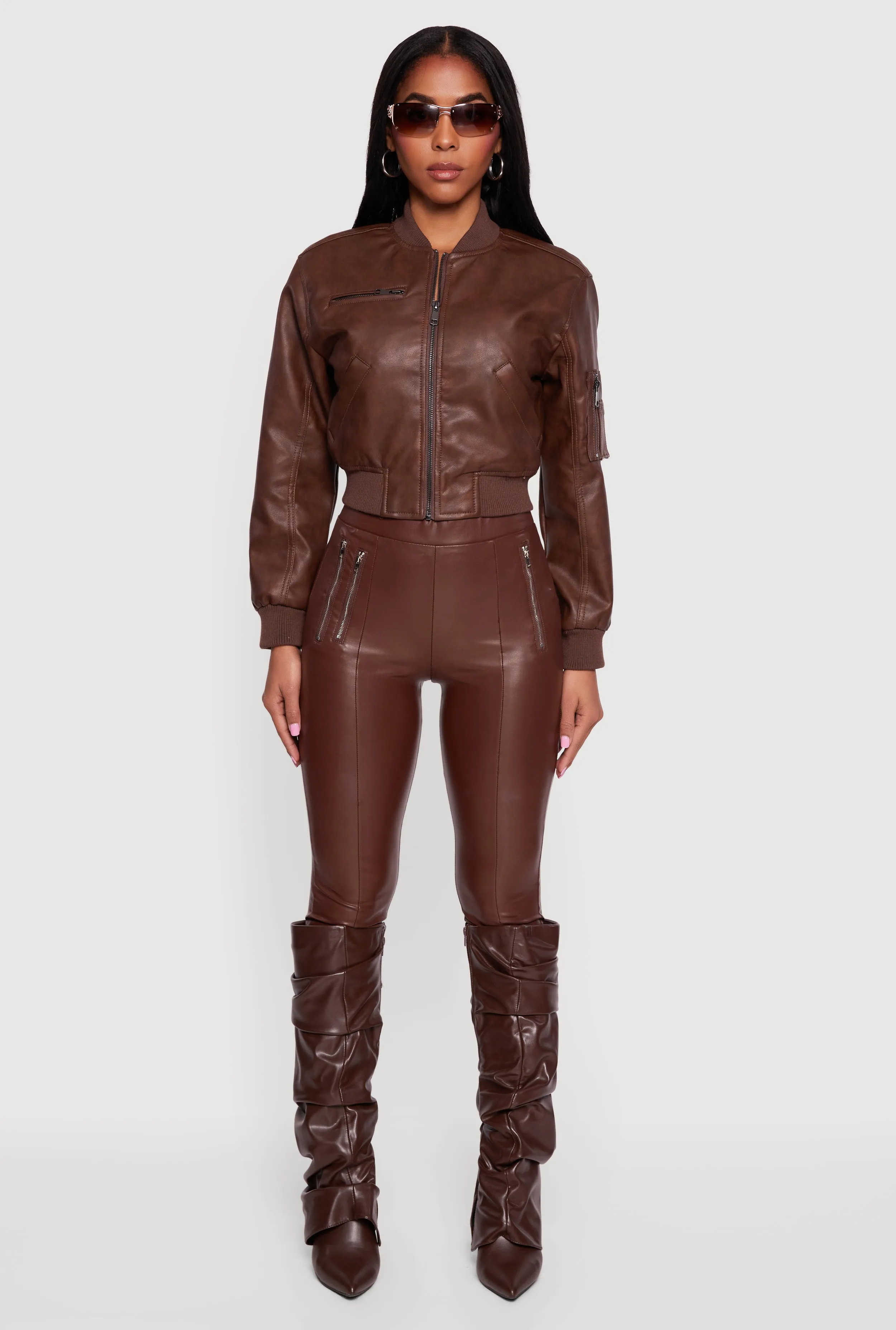Faux Leather Bomber Jacket with Zip Pockets sold by Rainbow product image thumbnail 3