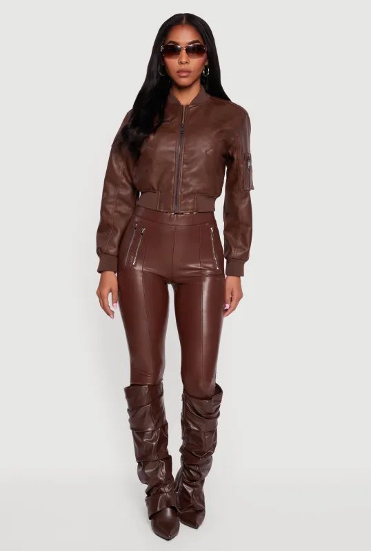 Faux Leather Bomber Jacket with Zip Pockets sold by Rainbow