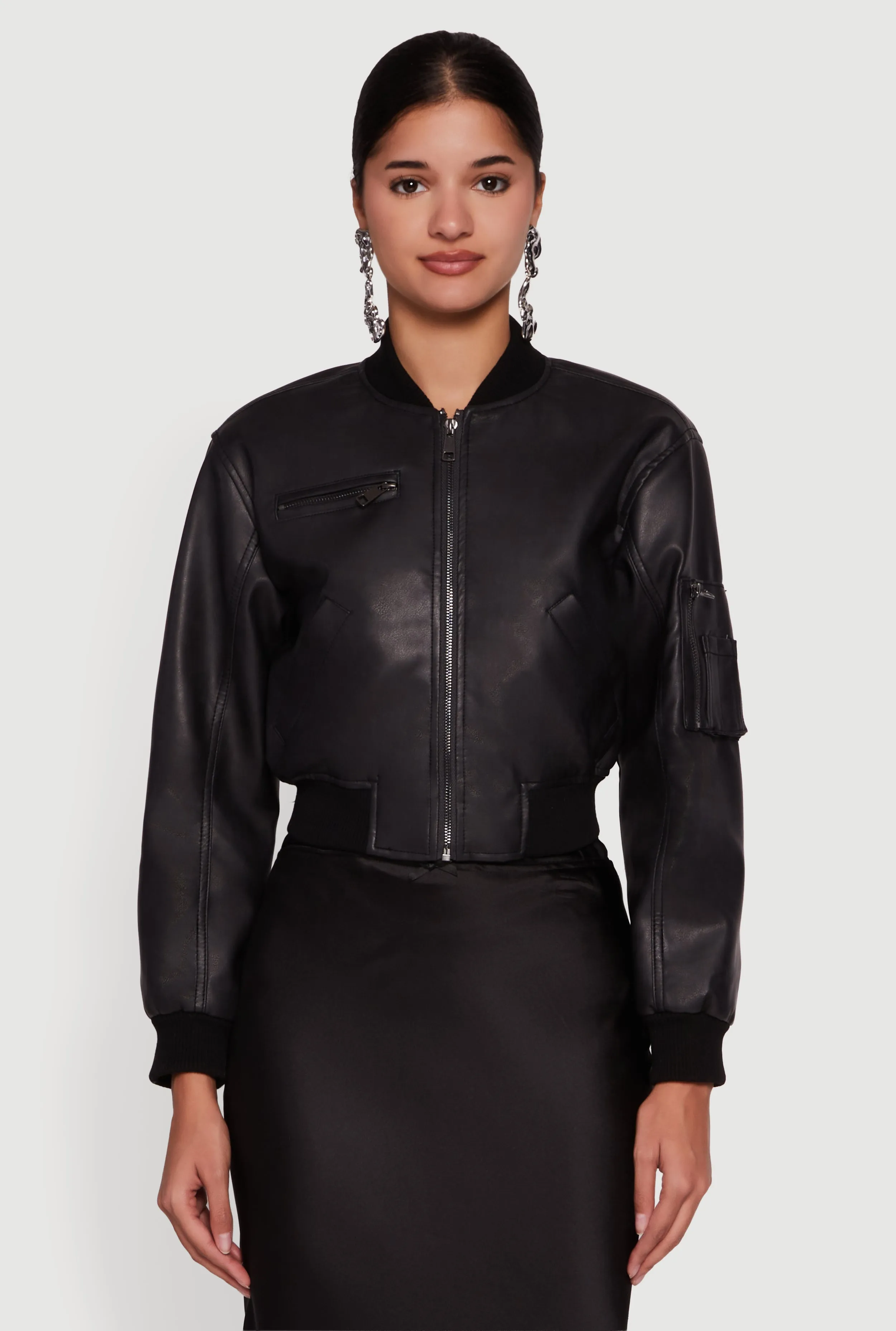 Faux Leather Bomber Jacket with Zip Pockets sold by Rainbow product image thumbnail 2