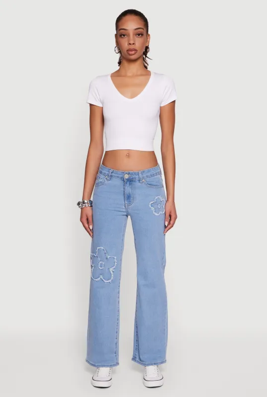 Frayed Floral Applique Straight Leg Jeans sold by Rainbow