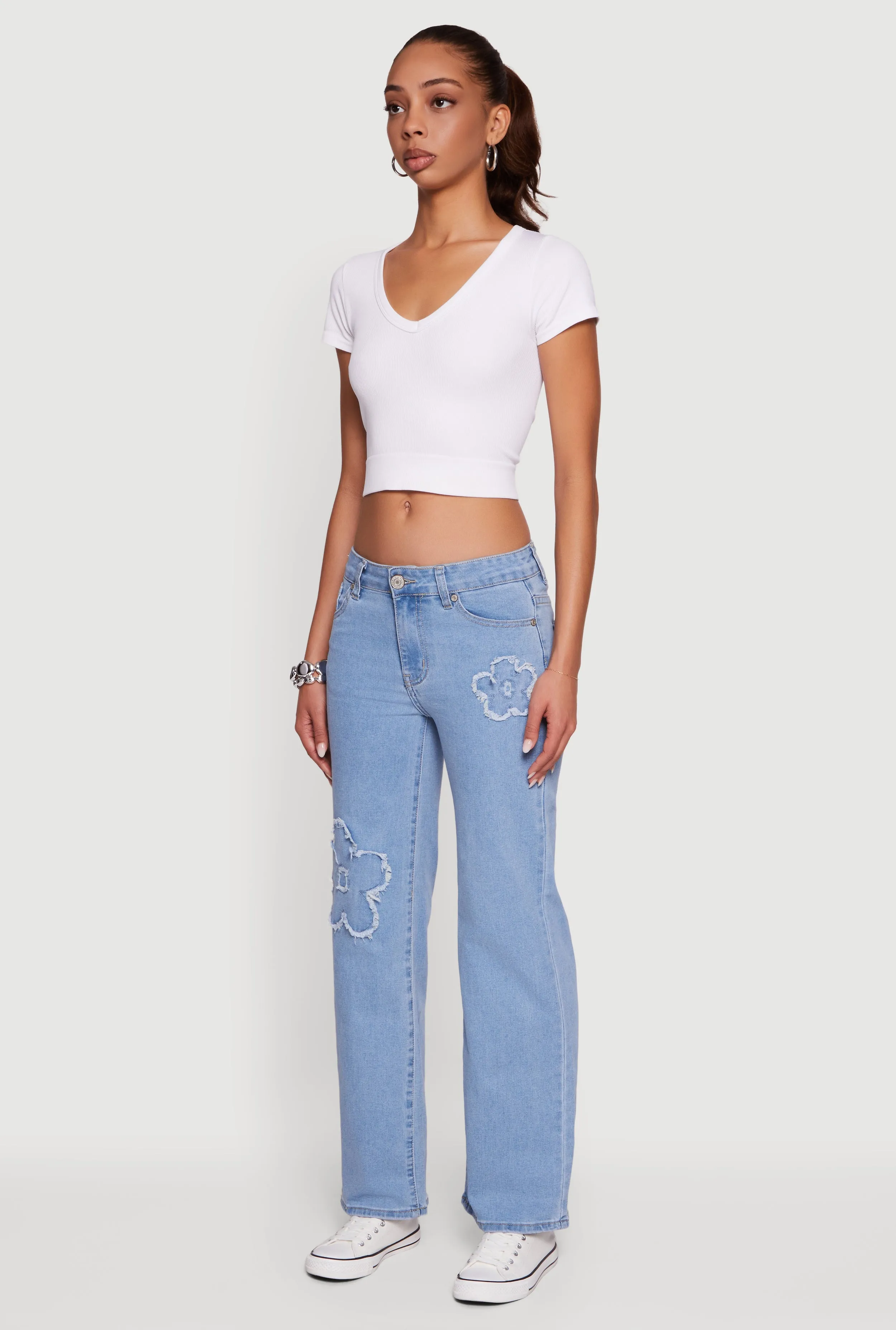 Frayed Floral Applique Straight Leg Jeans sold by Rainbow product image thumbnail 3