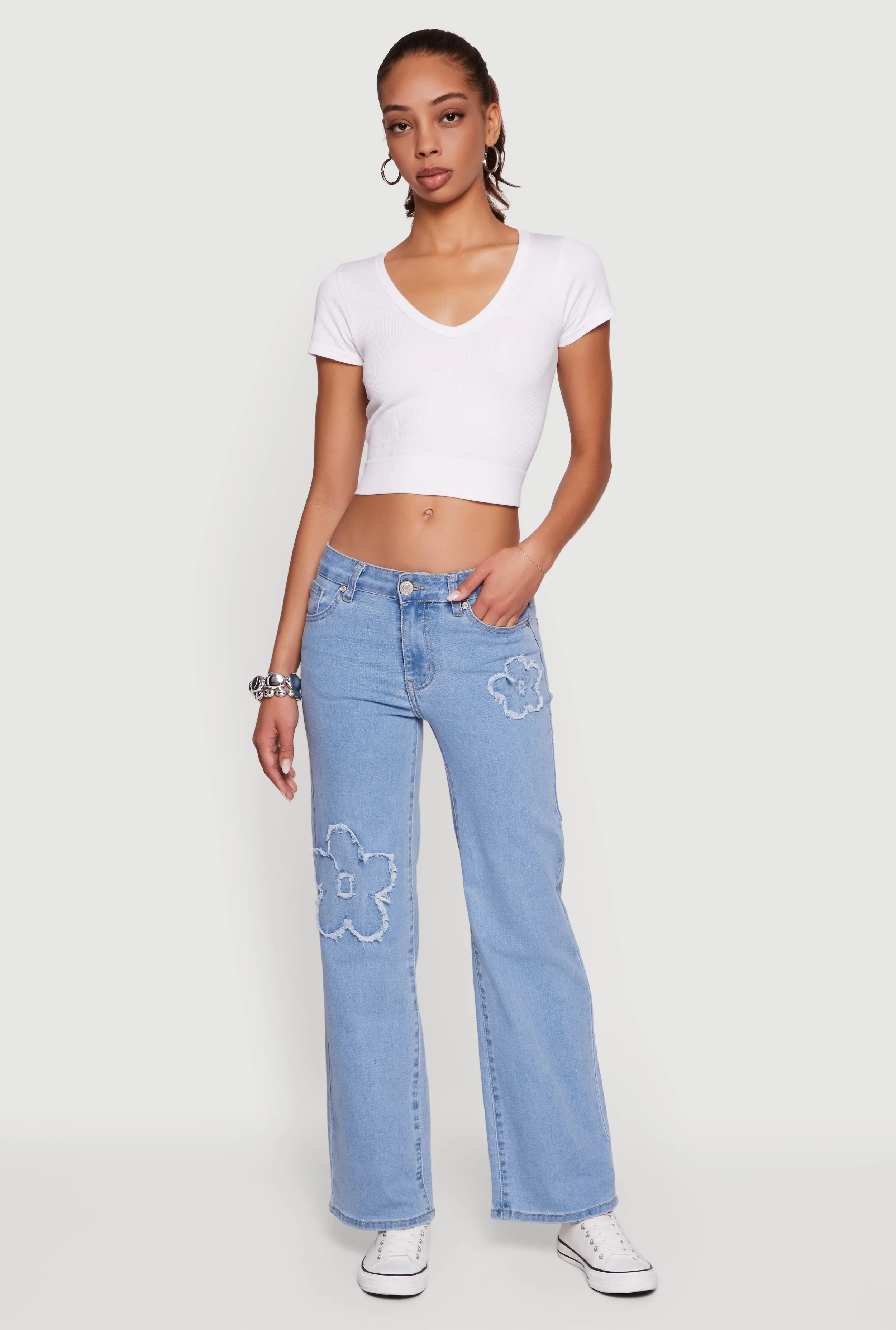 Frayed Floral Applique Straight Leg Jeans sold by Rainbow product image thumbnail 2