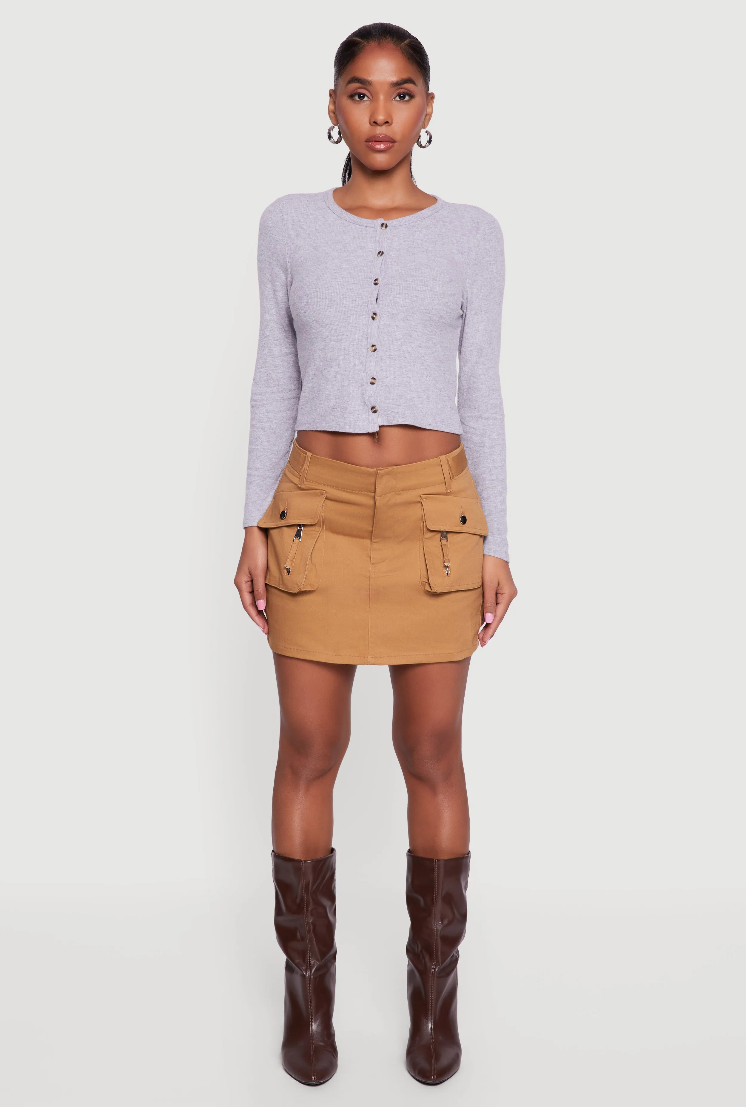 Ribbed Knit Button Front Long Sleeve Crop Top sold by Rainbow product image thumbnail 3