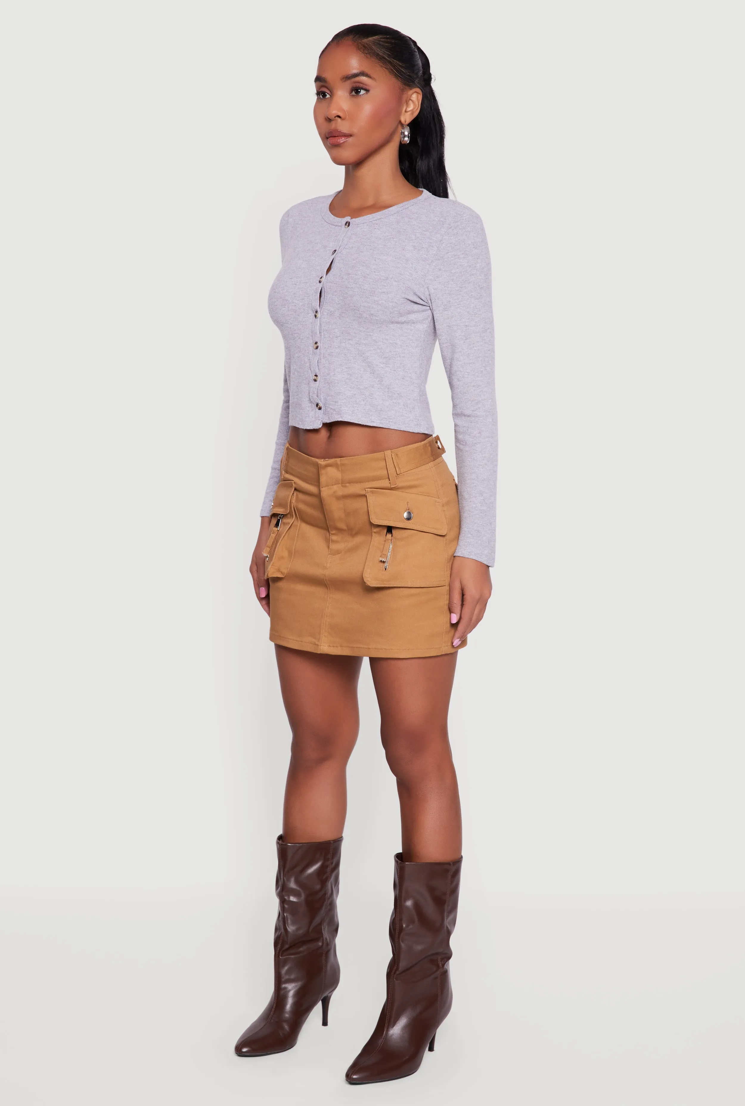 Ribbed Knit Button Front Long Sleeve Crop Top sold by Rainbow product image thumbnail 5