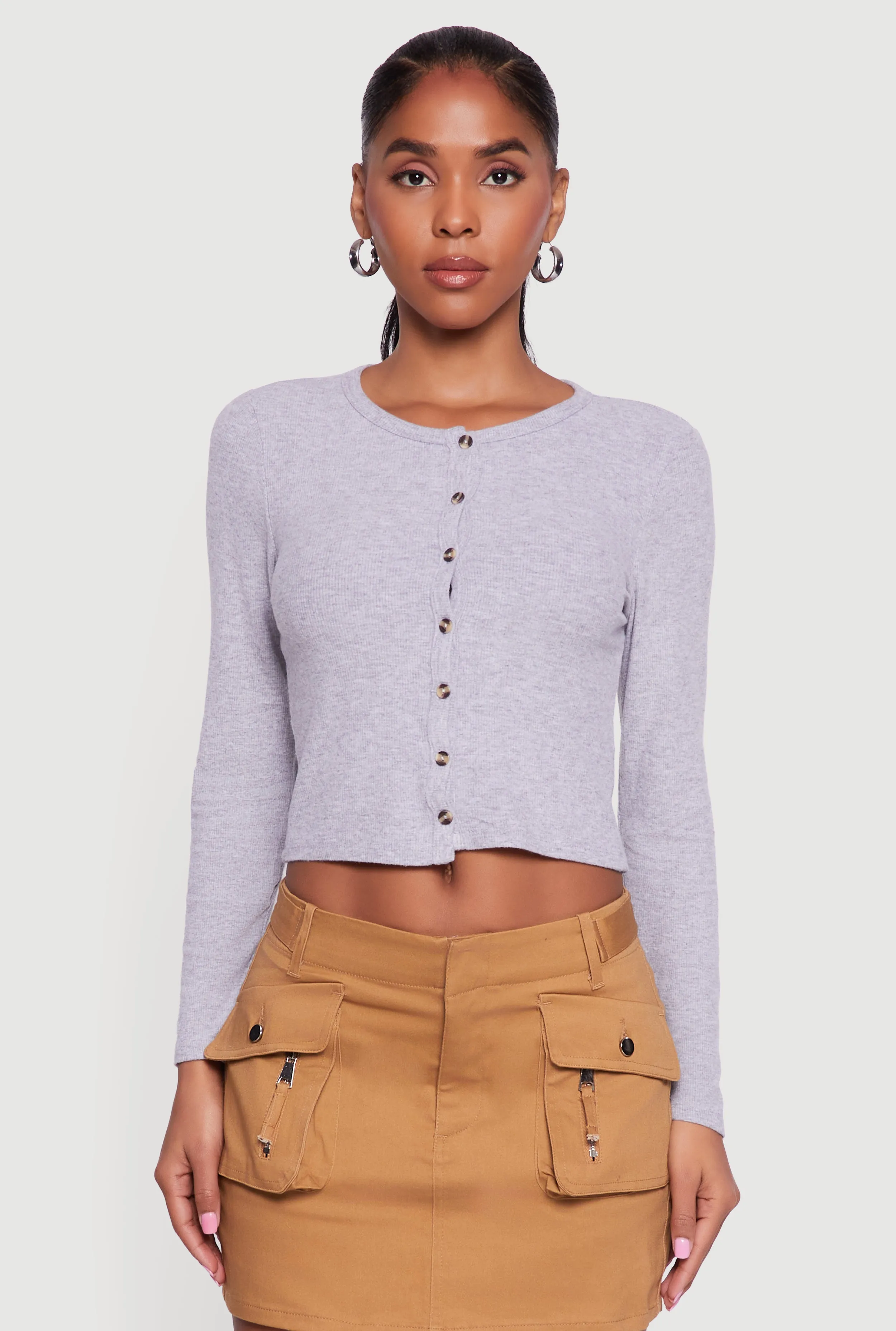 Ribbed Knit Button Front Long Sleeve Crop Top sold by Rainbow product image thumbnail 2