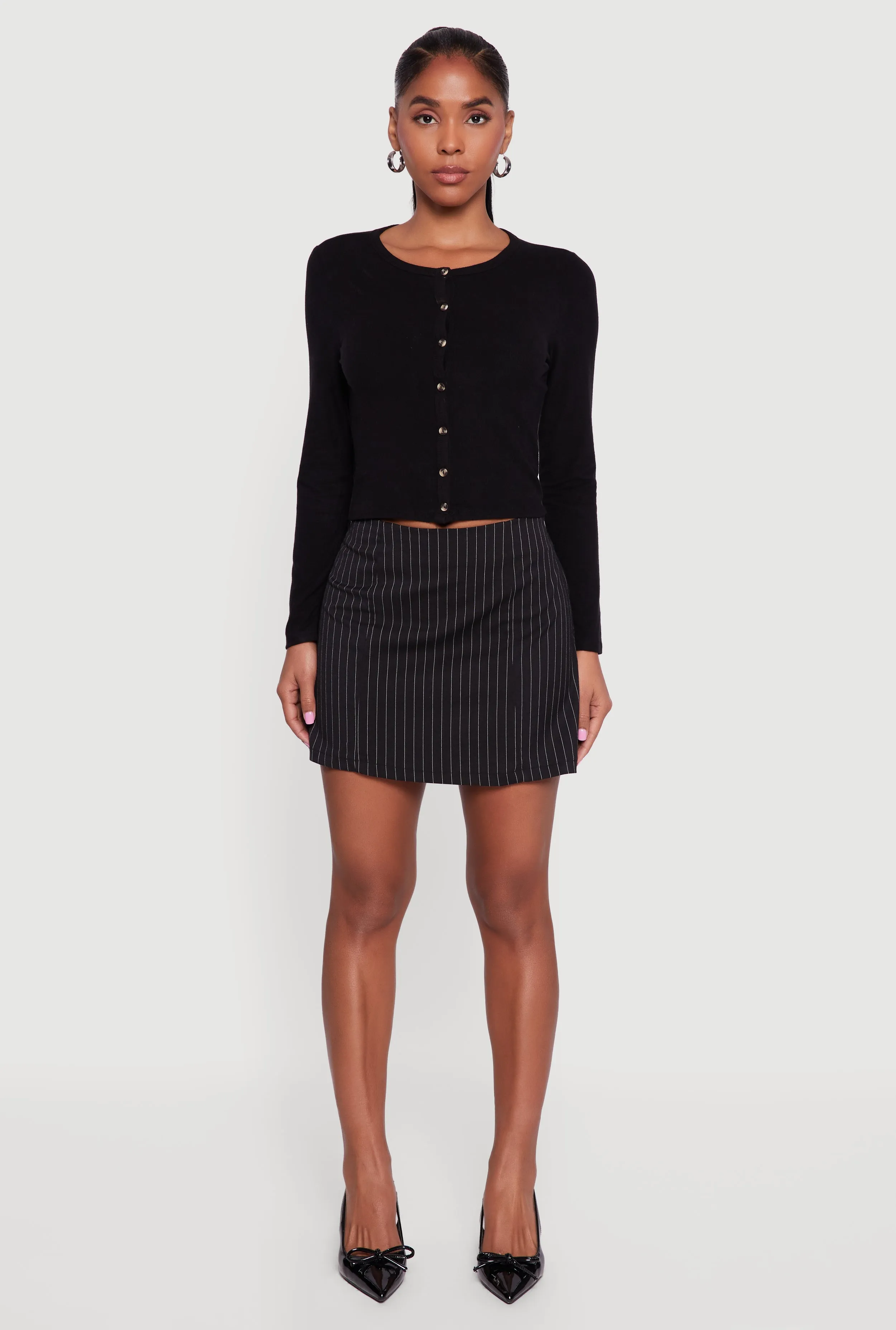 Ribbed Knit Button Front Long Sleeve Crop Top sold by Rainbow product image thumbnail 3
