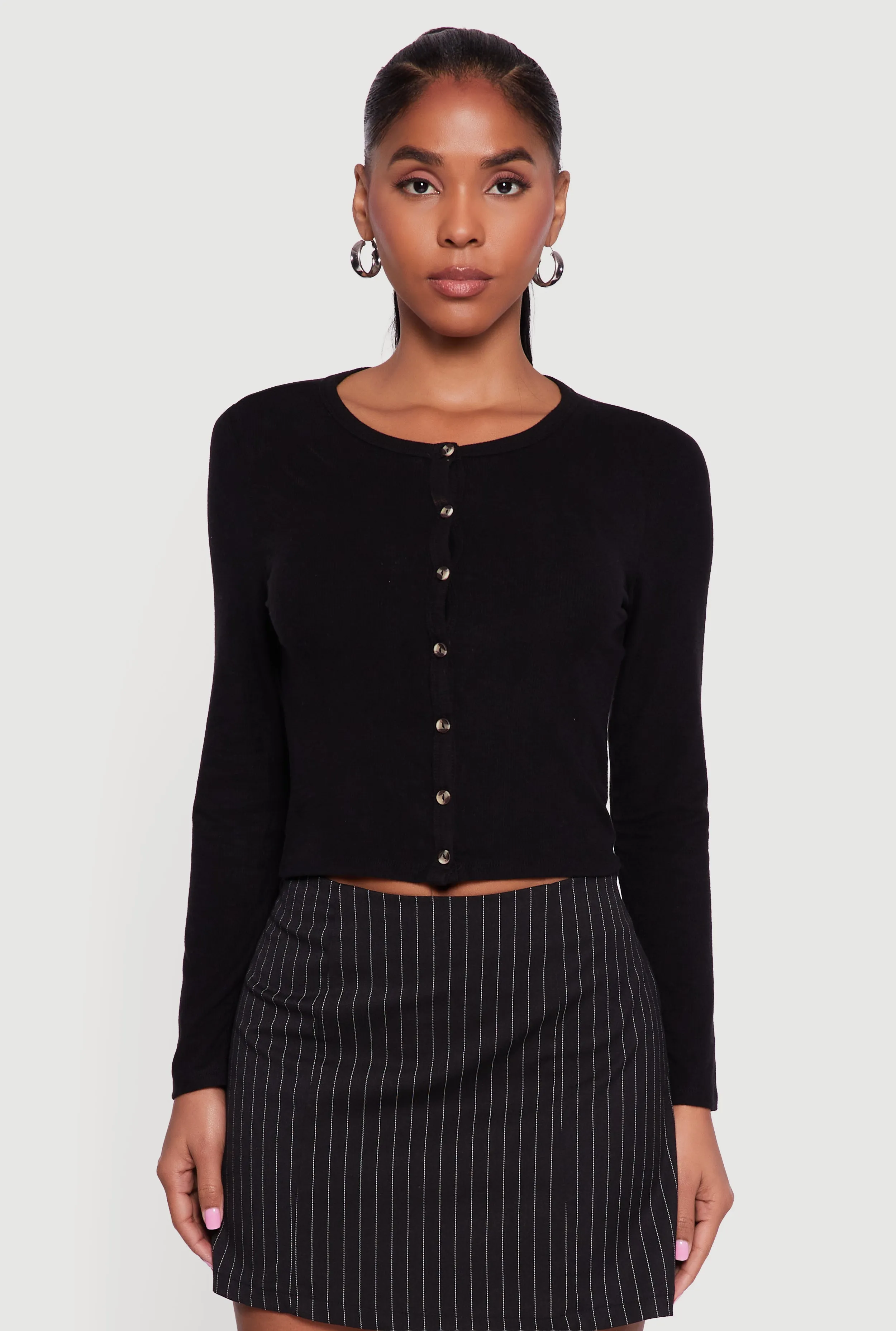 Ribbed Knit Button Front Long Sleeve Crop Top sold by Rainbow product image thumbnail 2