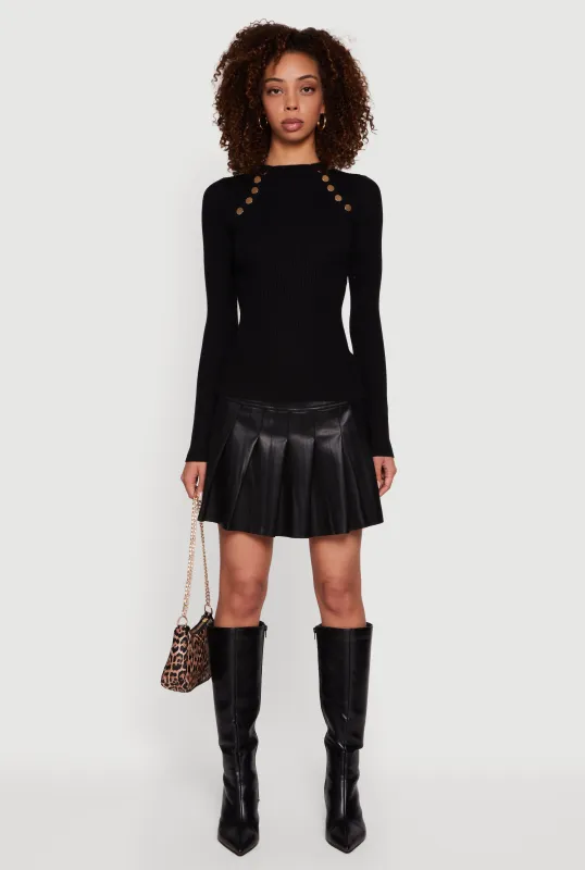 Metallic Button Detail Rib Knit High Neck Sweater sold by Rainbow