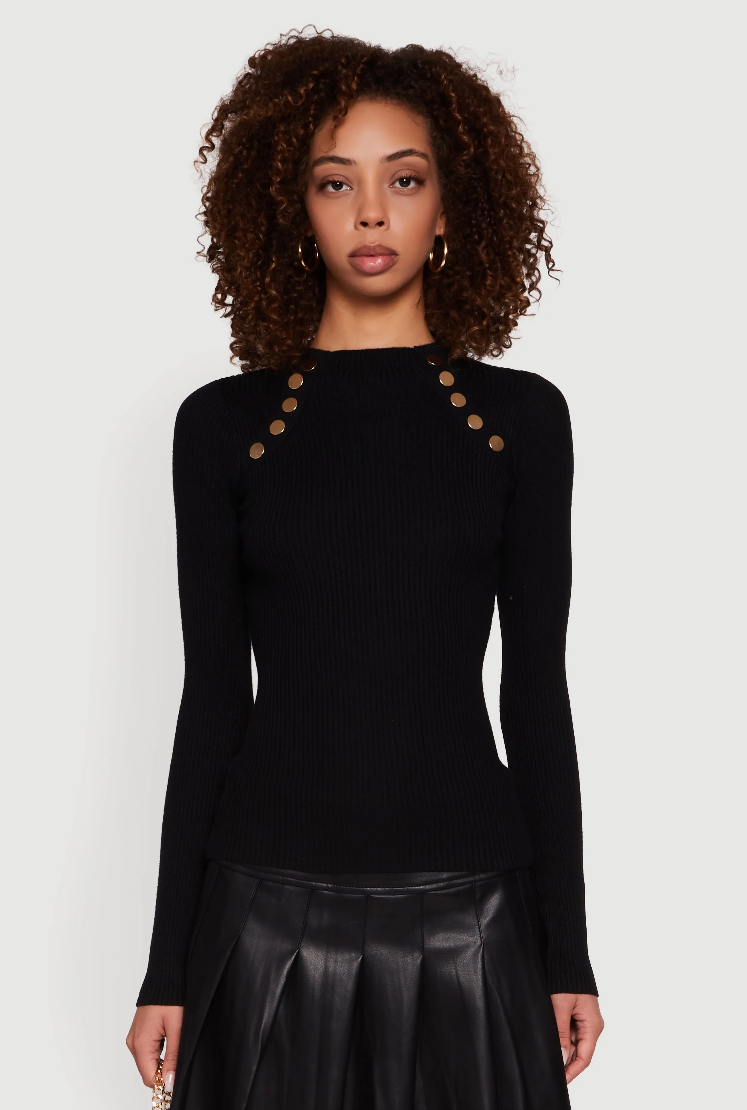 Metallic Button Detail Rib Knit High Neck Sweater sold by Rainbow product image thumbnail 2