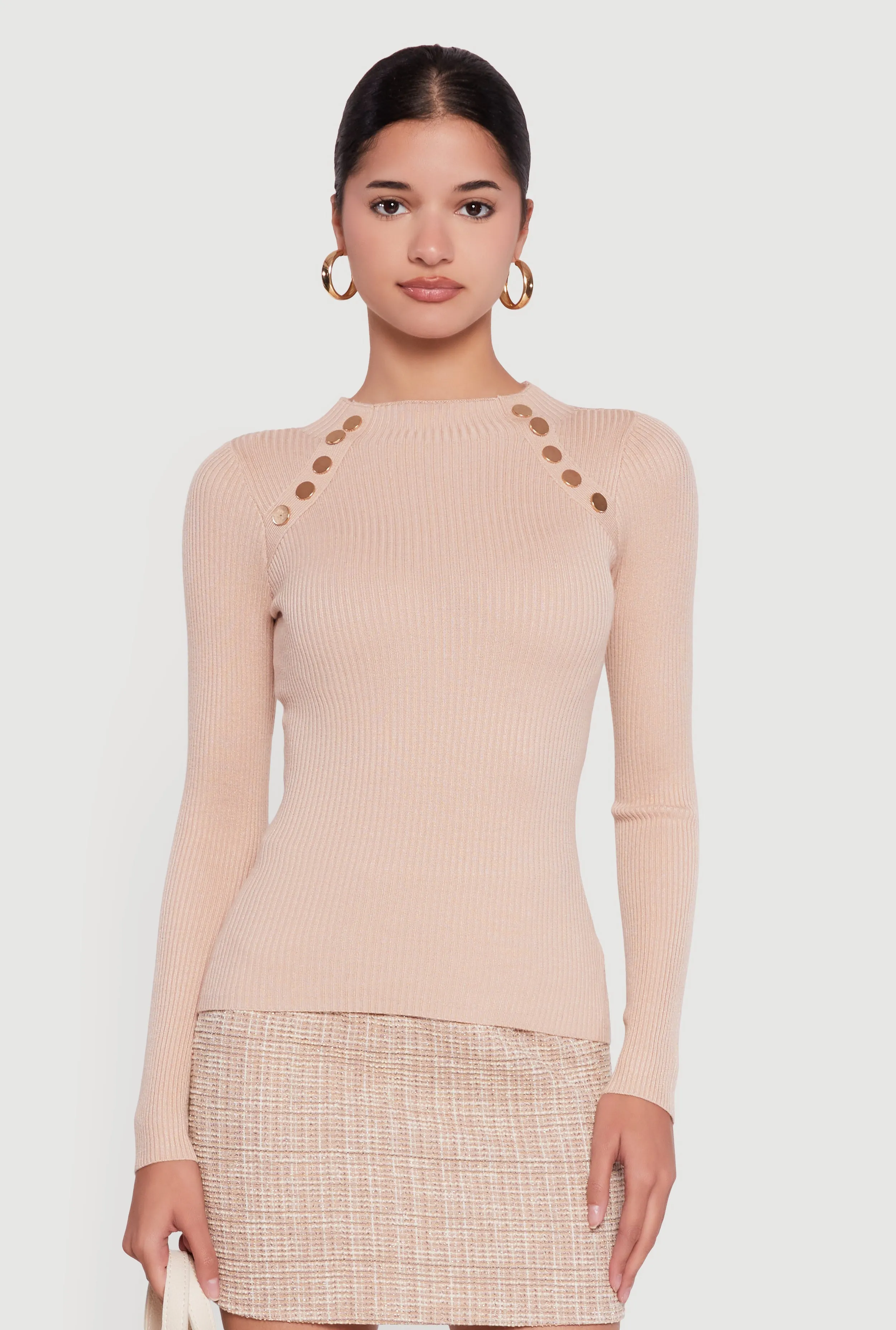 Metallic Button Detail Rib Knit High Neck Sweater sold by Rainbow product image thumbnail 2