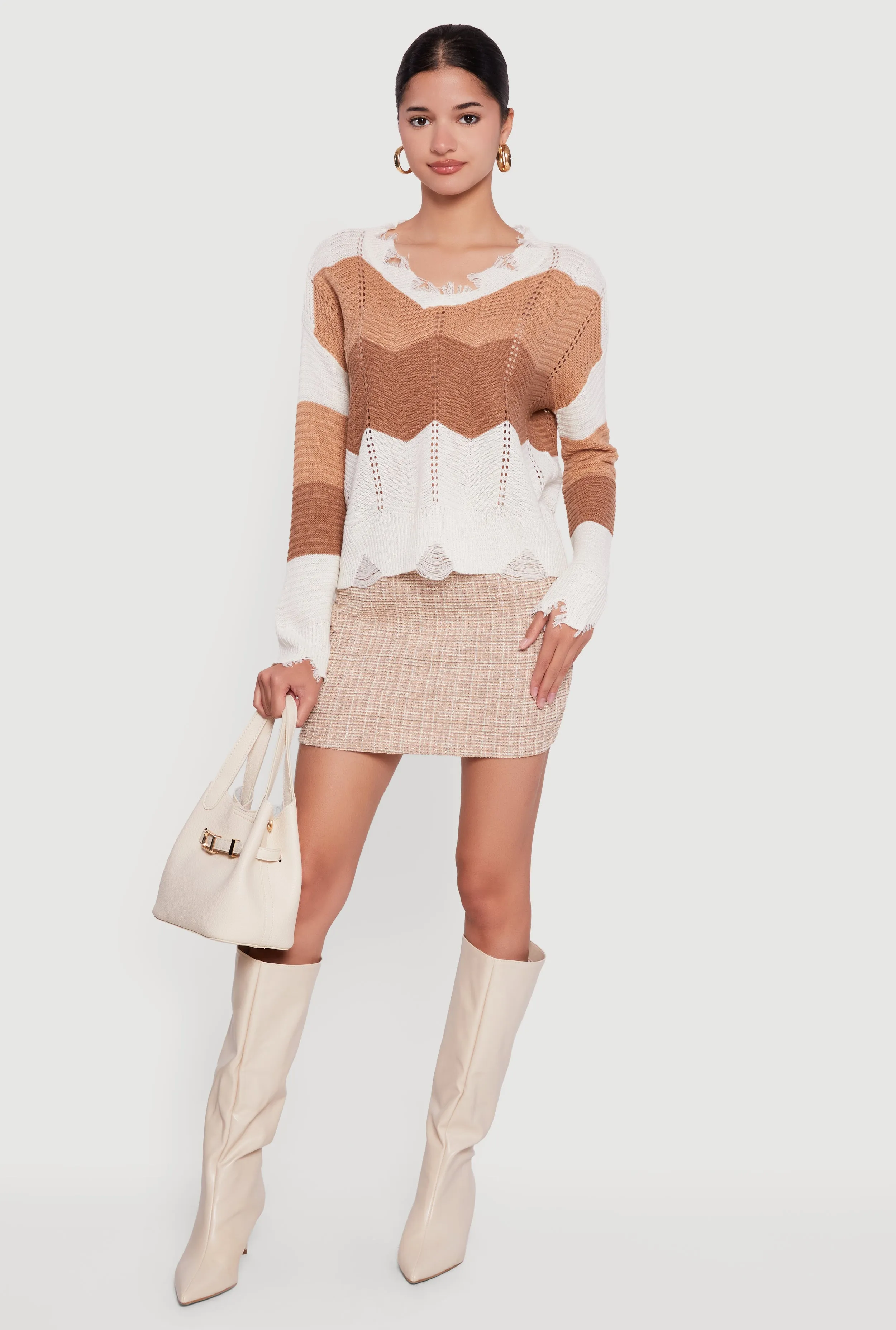 Color Block Chevron Frayed Pointelle Sweater sold by Rainbow